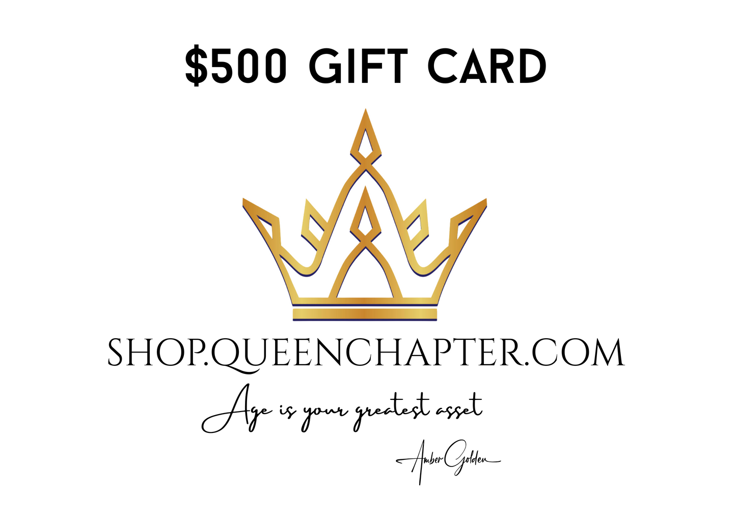 Gold crown logo with $500 gift card value on a white background, featuring 'Shop.QueenChapter.com' and a quote.