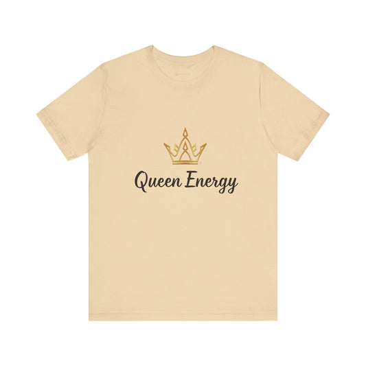 Beige t-shirt with 'Queen Energy' text and crown graphic on a white background