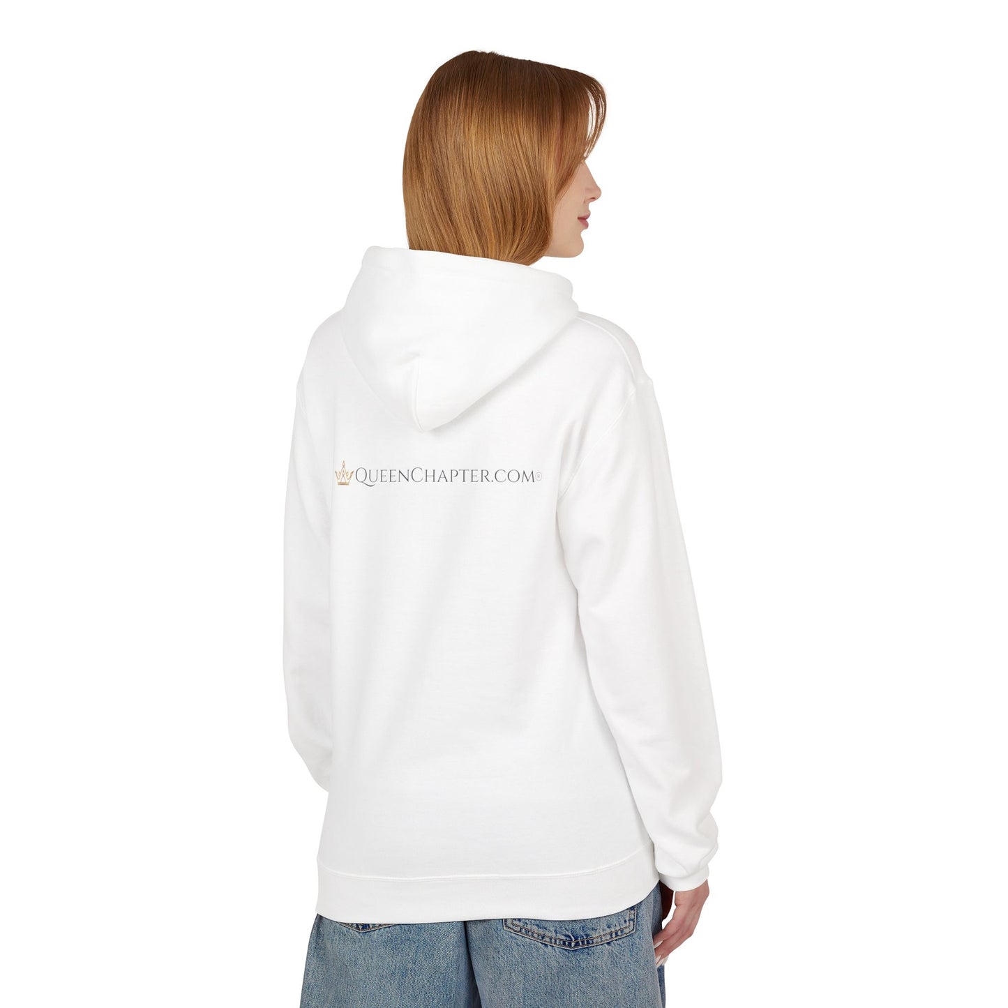 Person wearing a white hoodie with a visible brand logo on the back, standing against a white background.