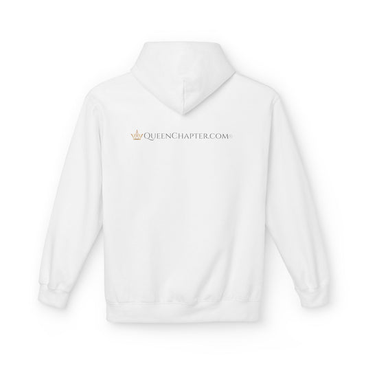 White hoodie with 'QUEENCHAPTER.COM' logo on a white background