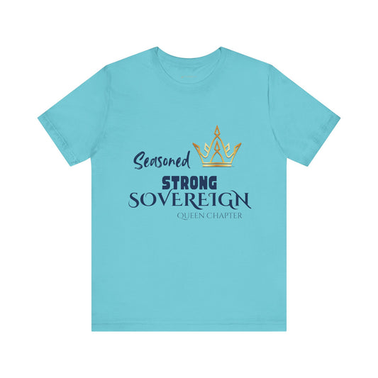 Light blue t-shirt with text and crown graphic on a white background