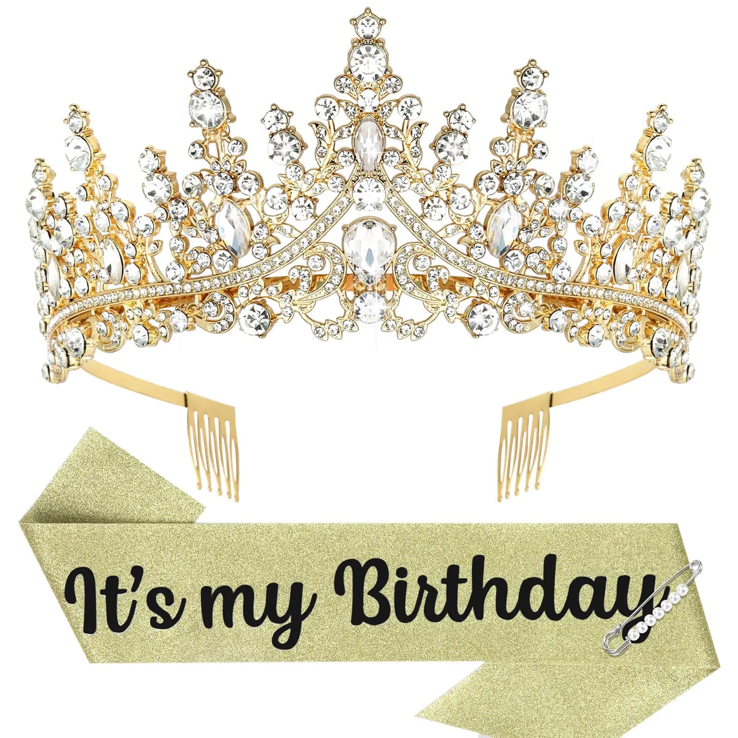 A gold-colored tiara with glittering rhinestones accompanied by a sash with the text 'It's my Birthday' printed on it.