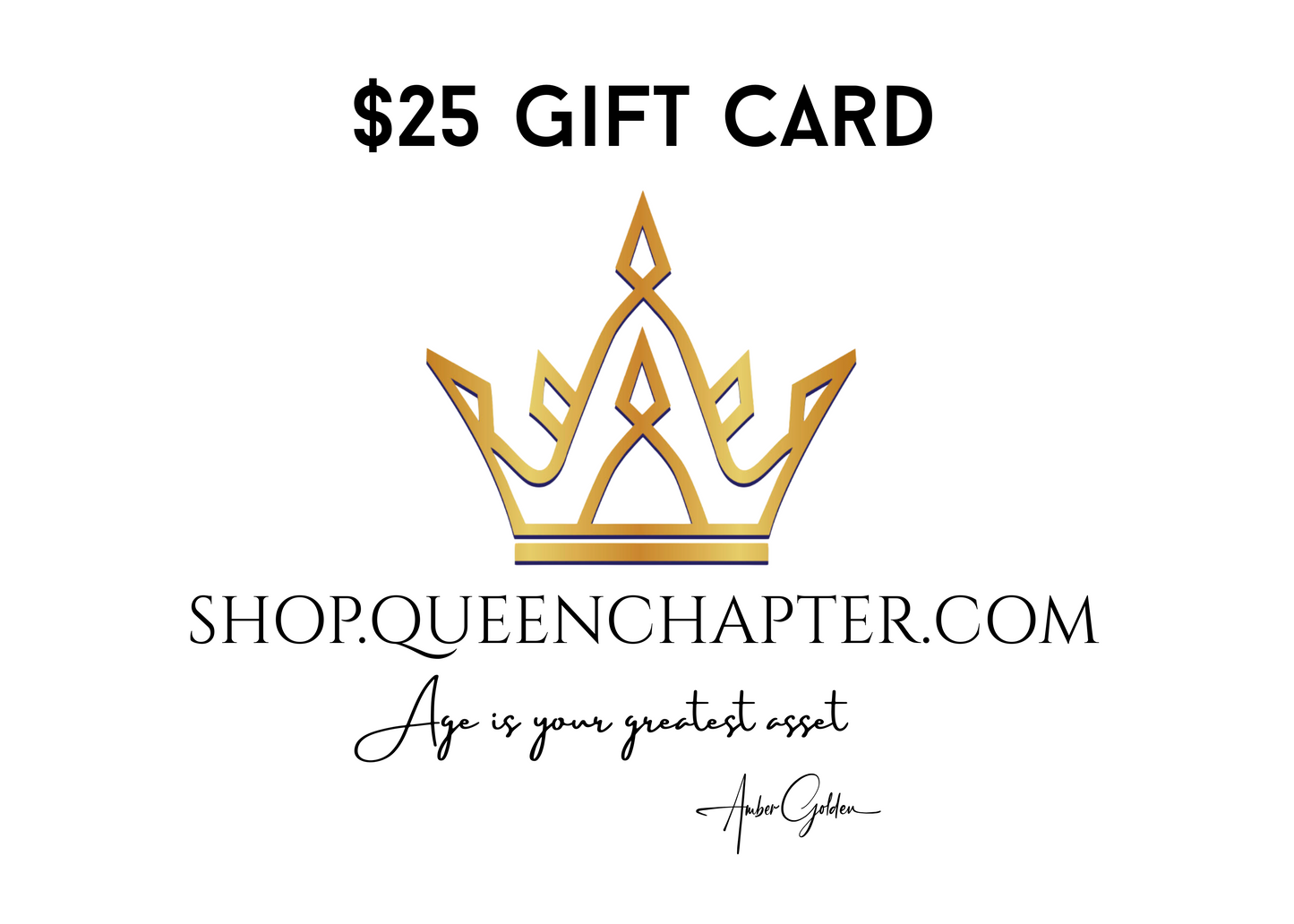 Gold crown logo with $25 gift card value and website URL on a white background