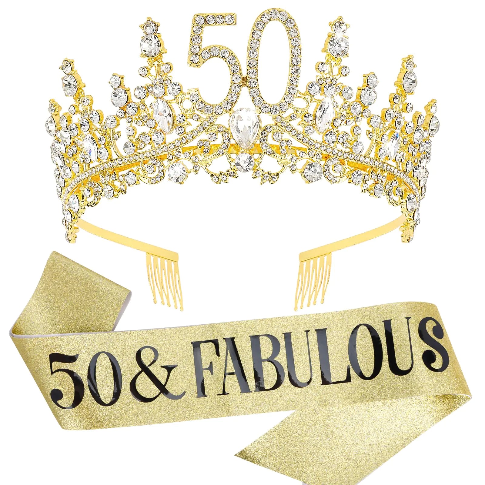 Gold tiara with '50' and a gold sash with '50 & Fabulous' text on a white background