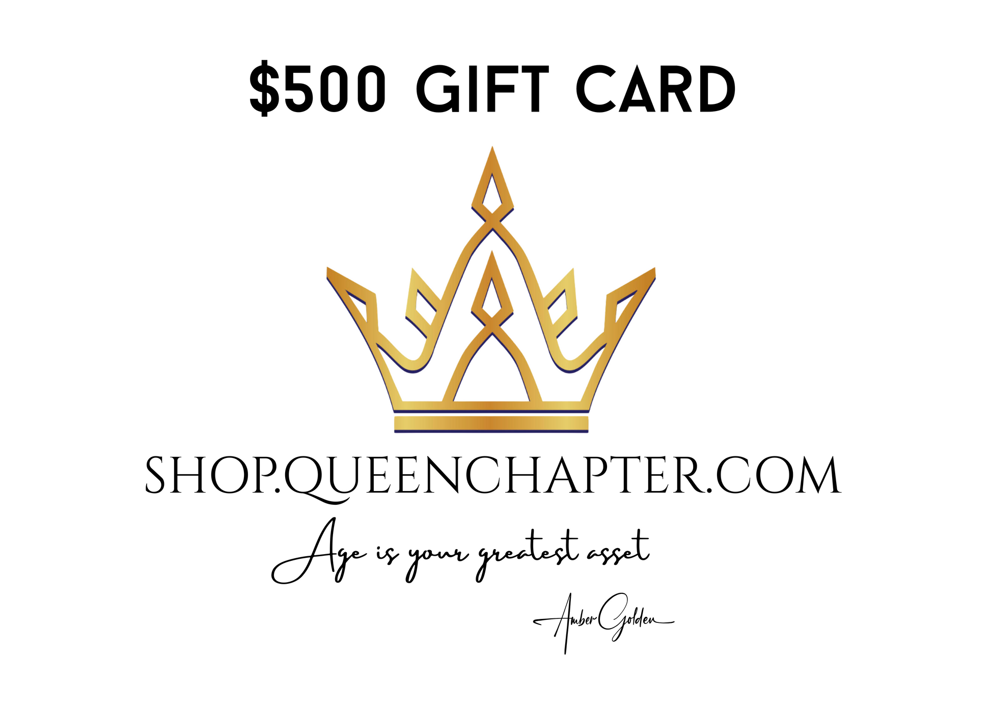 Gold crown logo with $500 gift card value on a white background, featuring 'Shop.QueenChapter.com' and a quote.