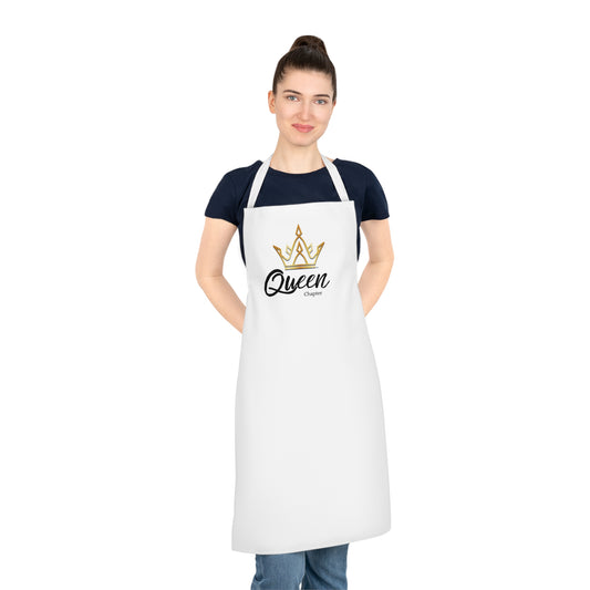 Woman wearing a white apron with 'Queen' and a crown design on a white background