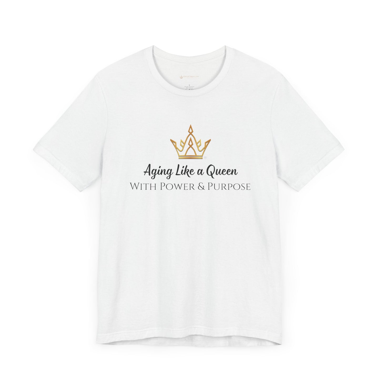White t-shirt with a gold crown logo and text on a white background