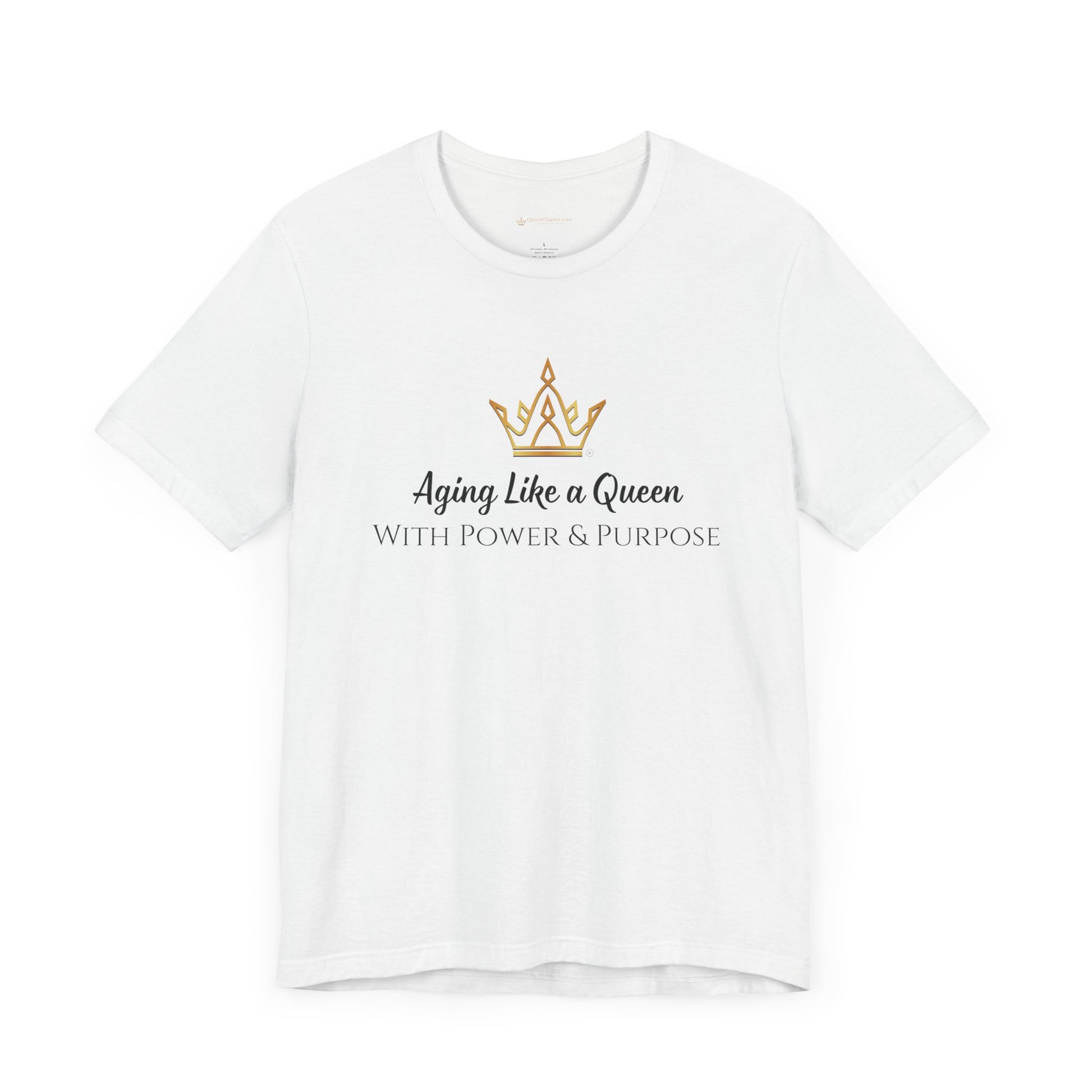 White t-shirt with a gold crown logo and text on a white background