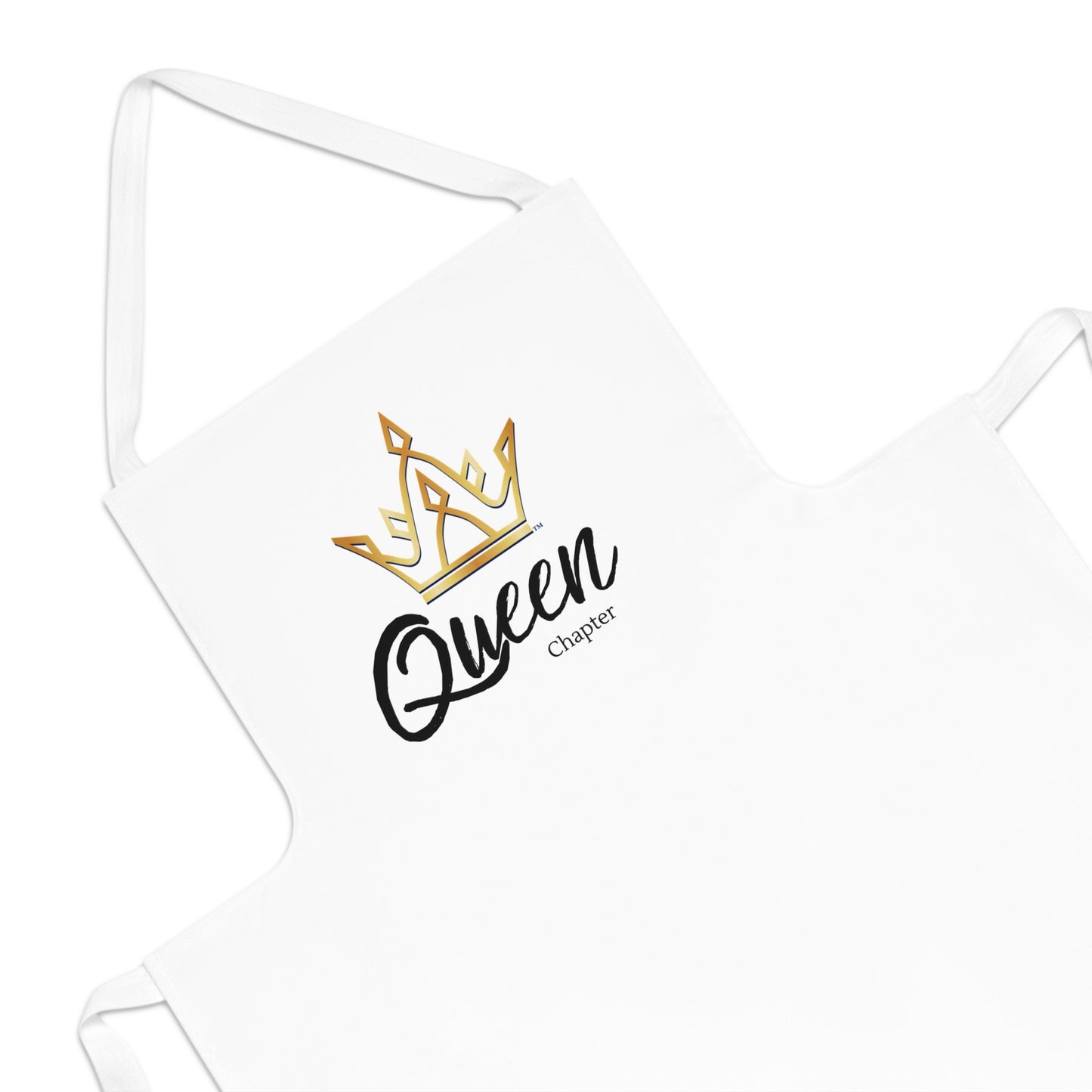 White apron with 'Queen Chapter' design on a white background