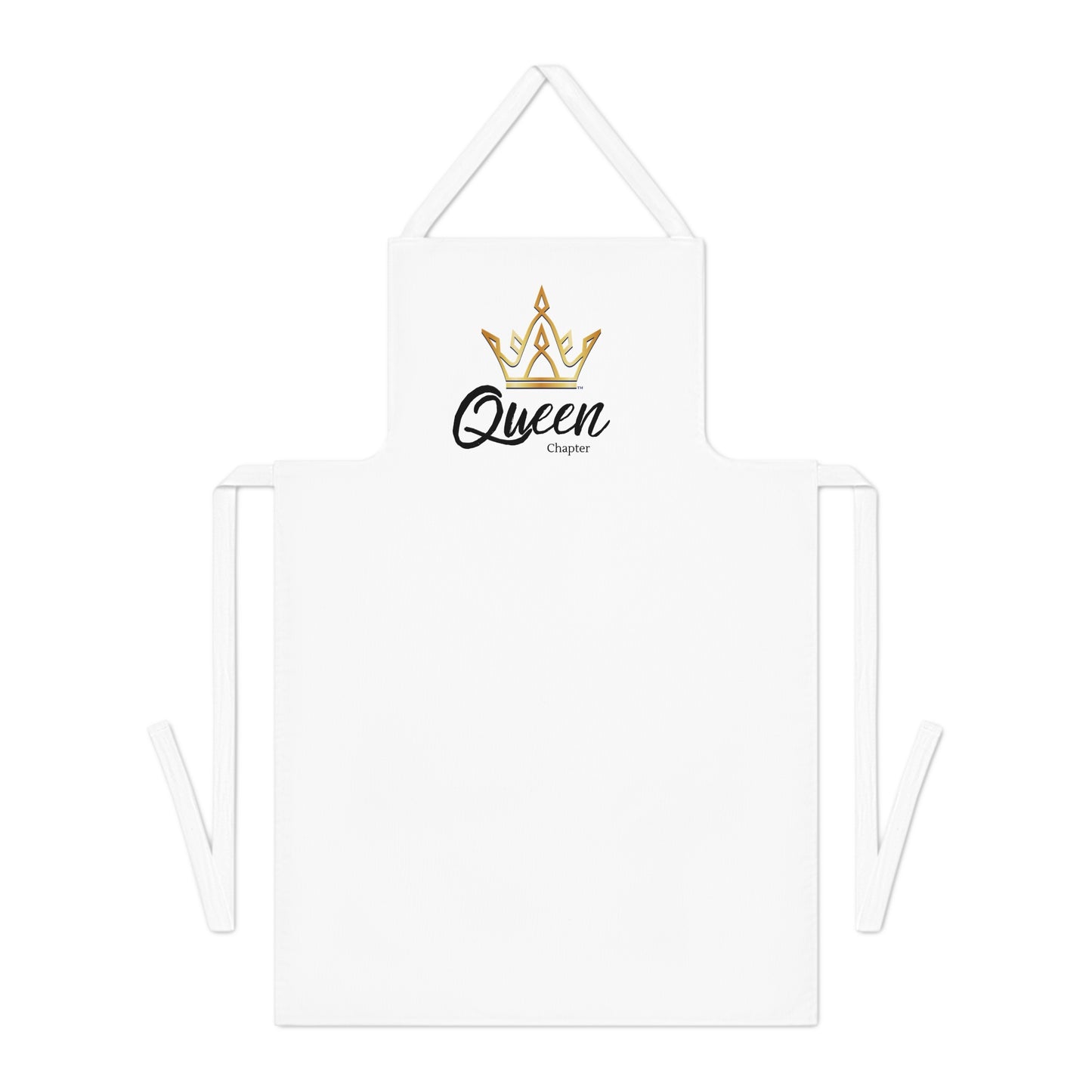 White apron with 'Queen' and crown design on a white background