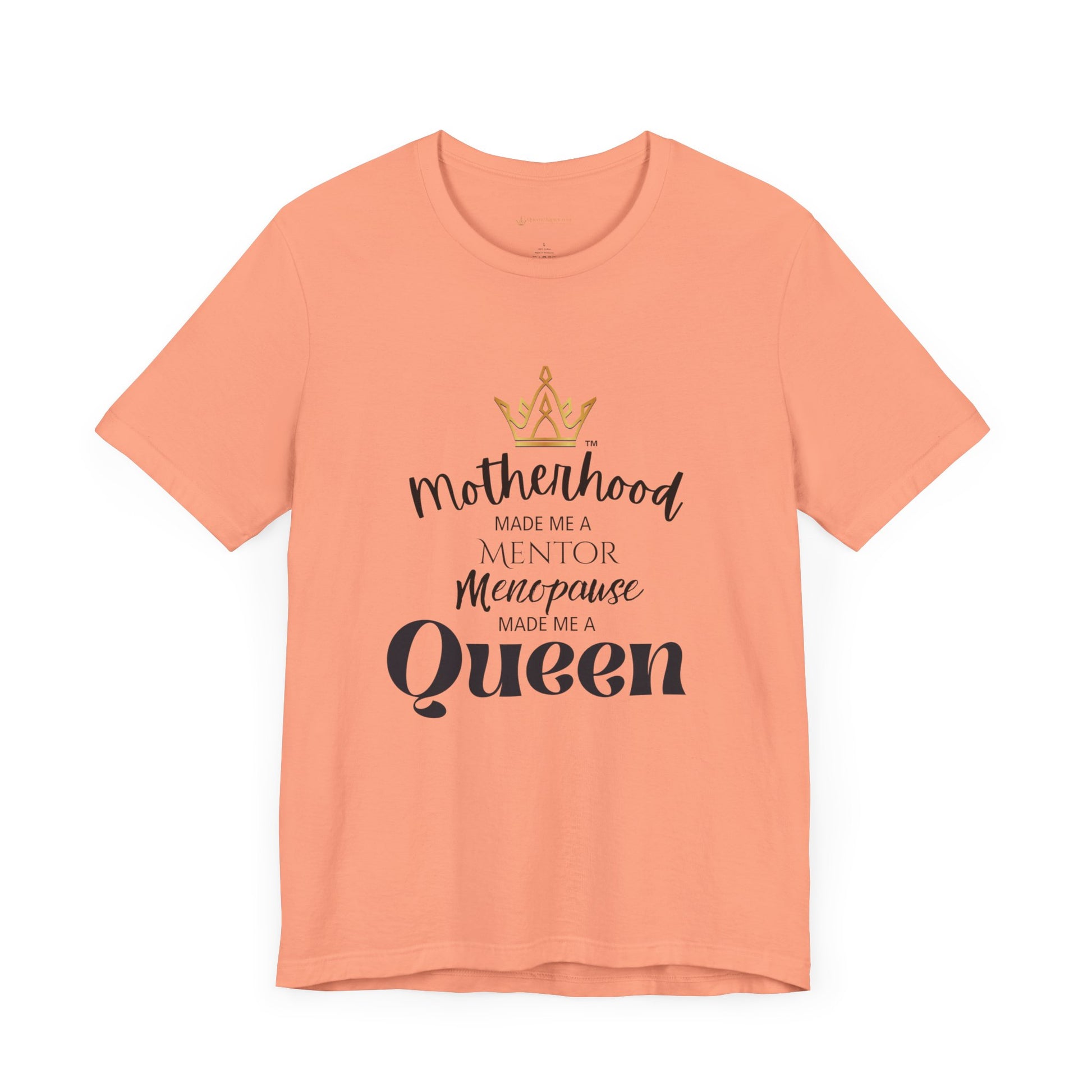 Peach t-shirt with humorous text design on a white background