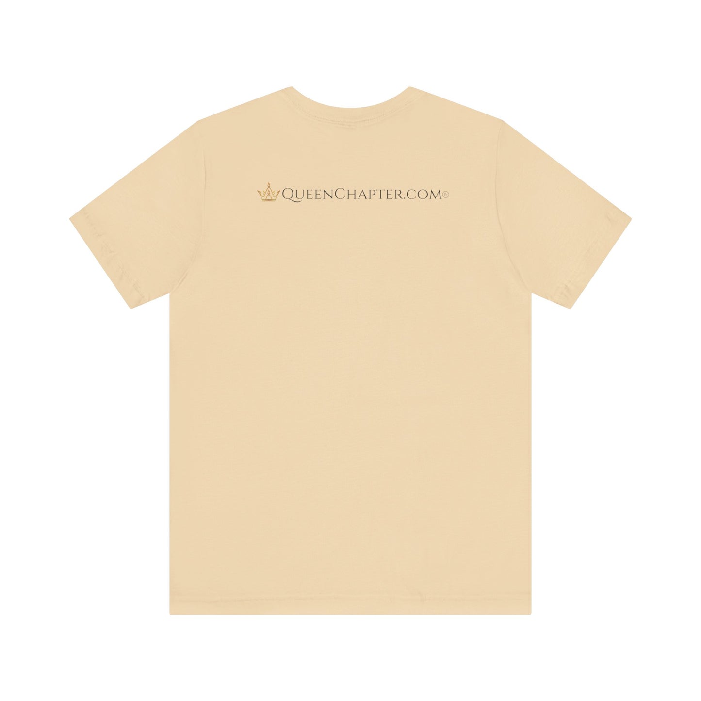 beige t-shirt with 'Queen Chapter.com' text on the back against a white background