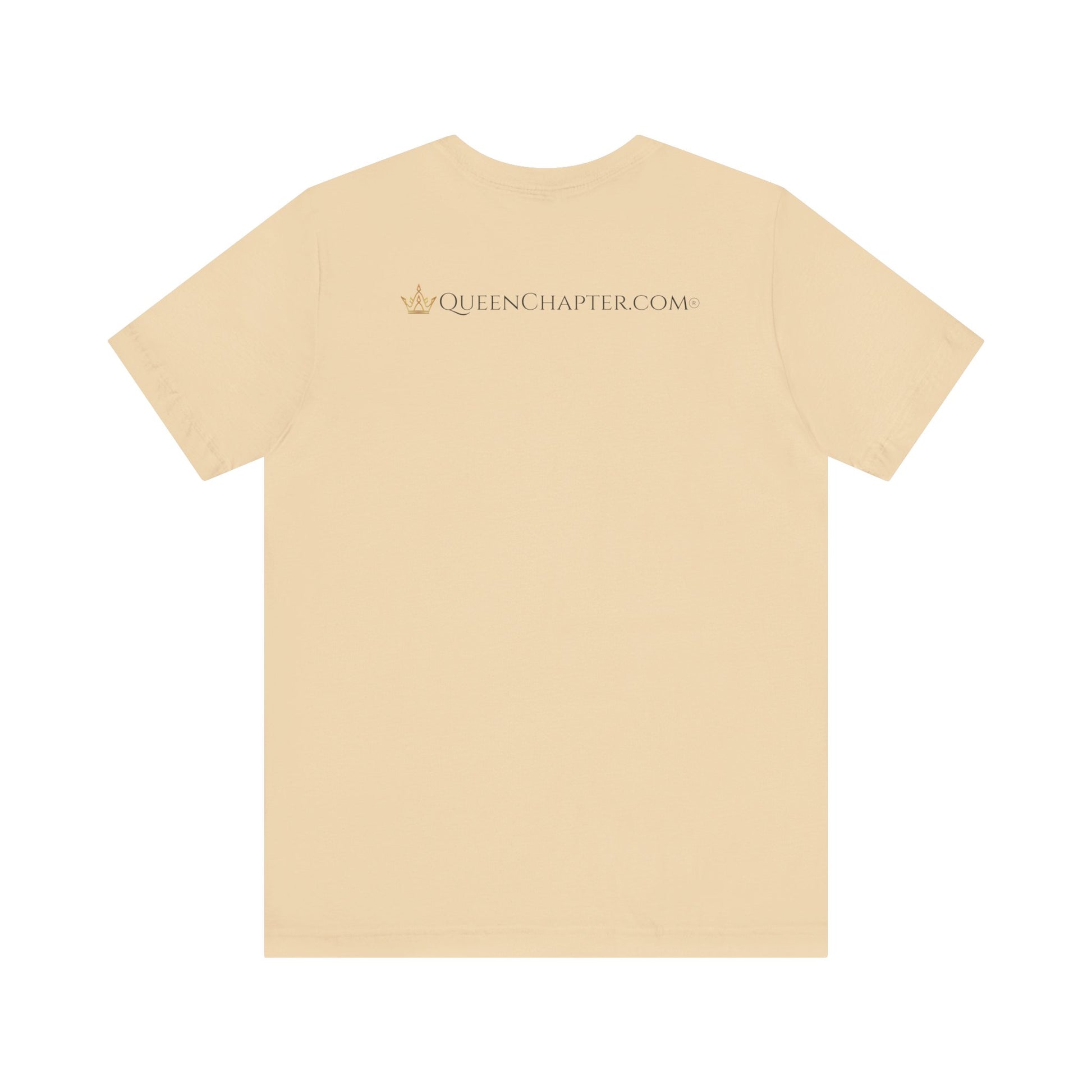 beige t-shirt with 'Queen Chapter.com' text on the back against a white background