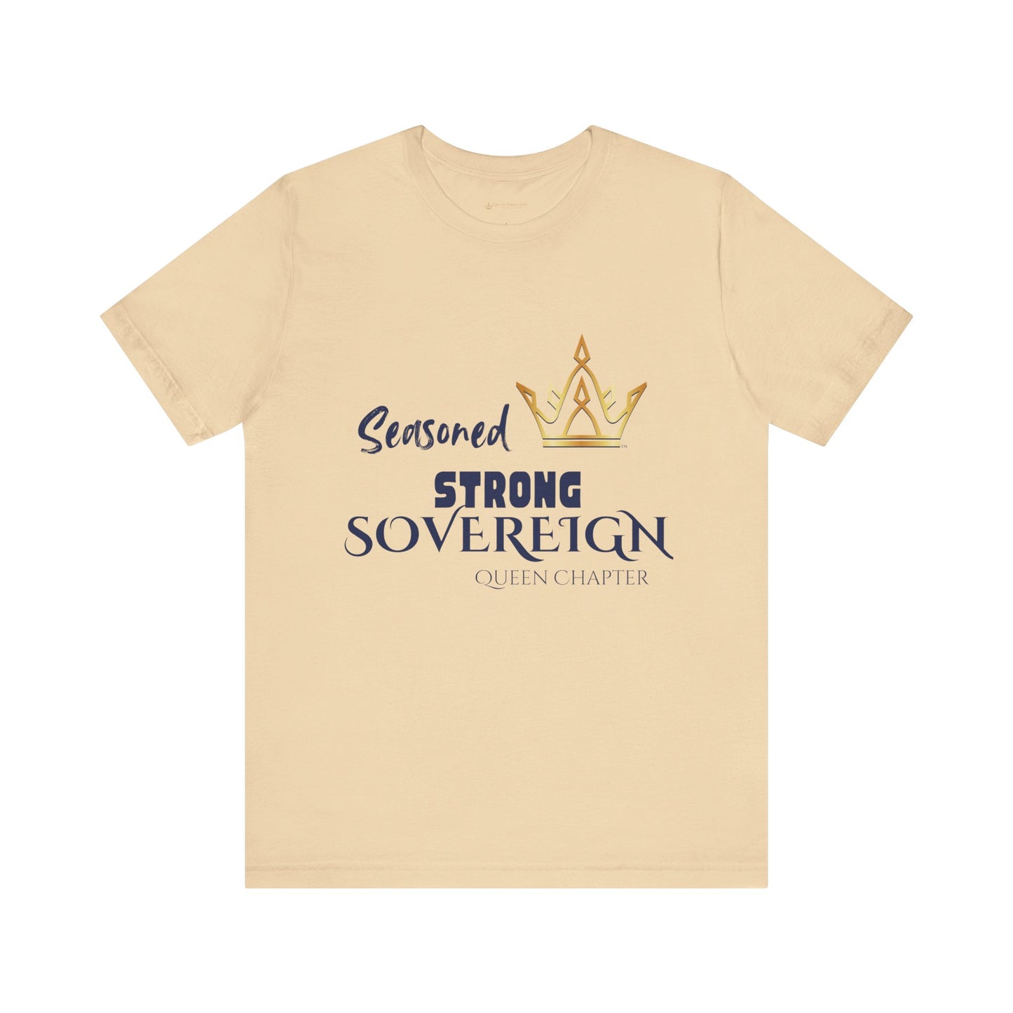 Beige t-shirt with text and crown graphic on a white background