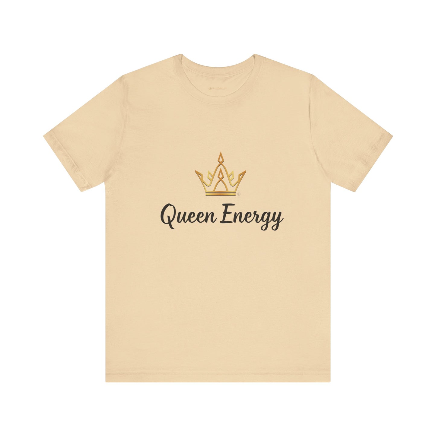 Beige t-shirt with 'Queen Energy' text and crown graphic on a white background