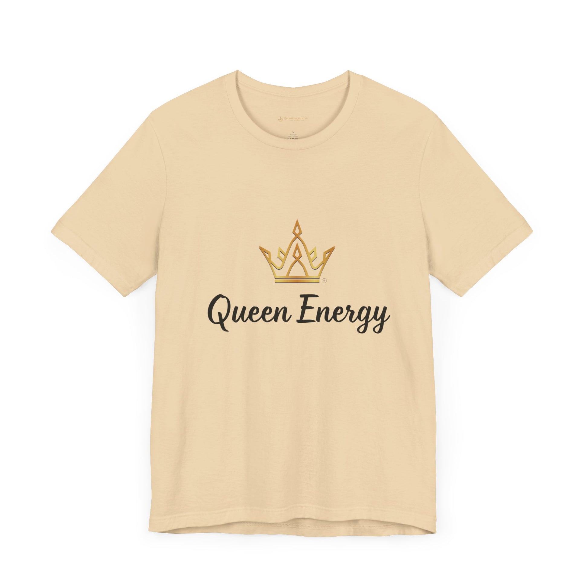 Beige t-shirt with 'Queen Energy' text and crown graphic on a white background