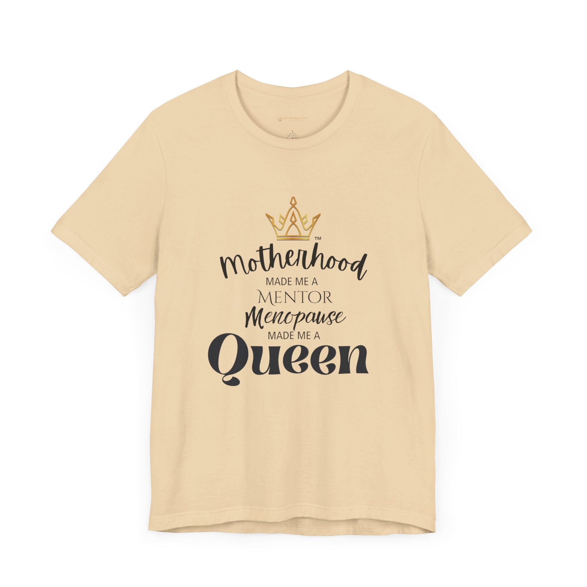 Beige t-shirt with black text and a crown graphic on a white background
