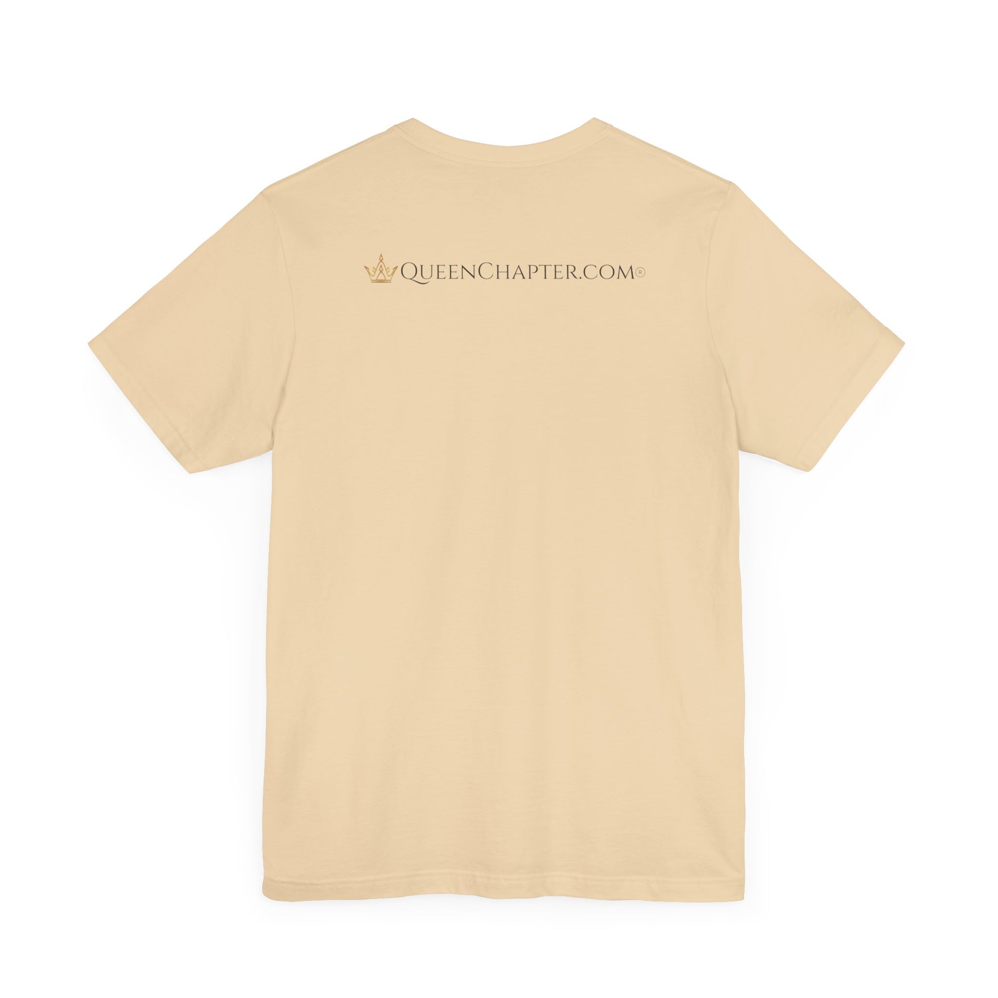 Beige t-shirt with 'Queen Chapter.com' logo on the back against a white background