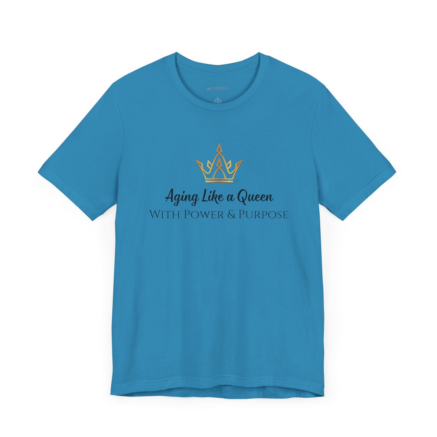 Blue t-shirt with a crown graphic and text on a white background