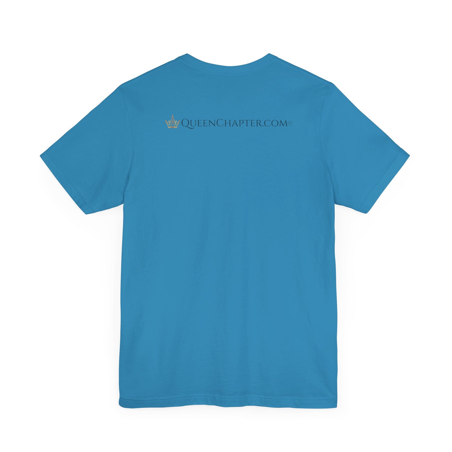 Blue t-shirt with 'QueenChapter.com' text on the back against a white background