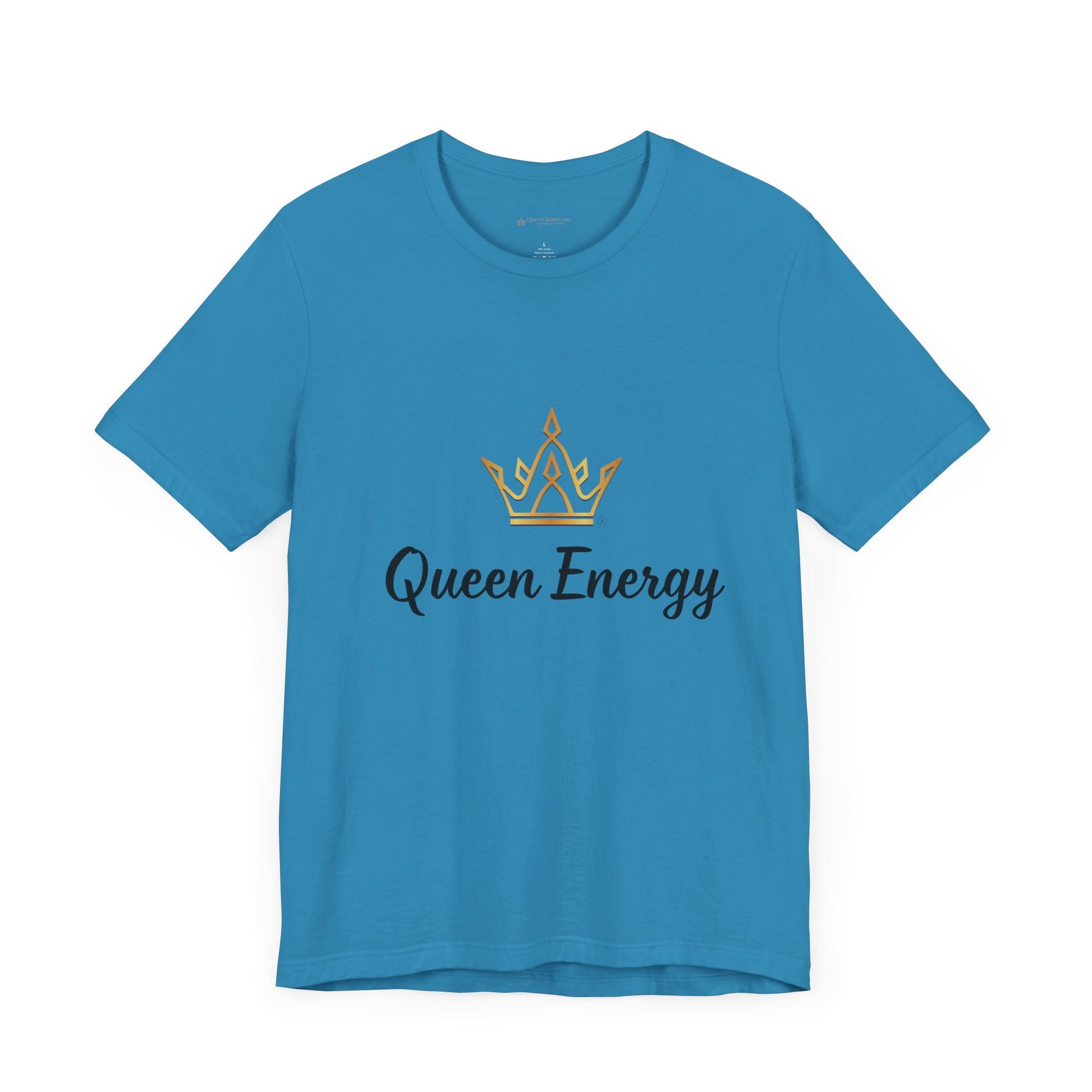 Blue t-shirt with 'Queen Energy' text and crown graphic on a white background