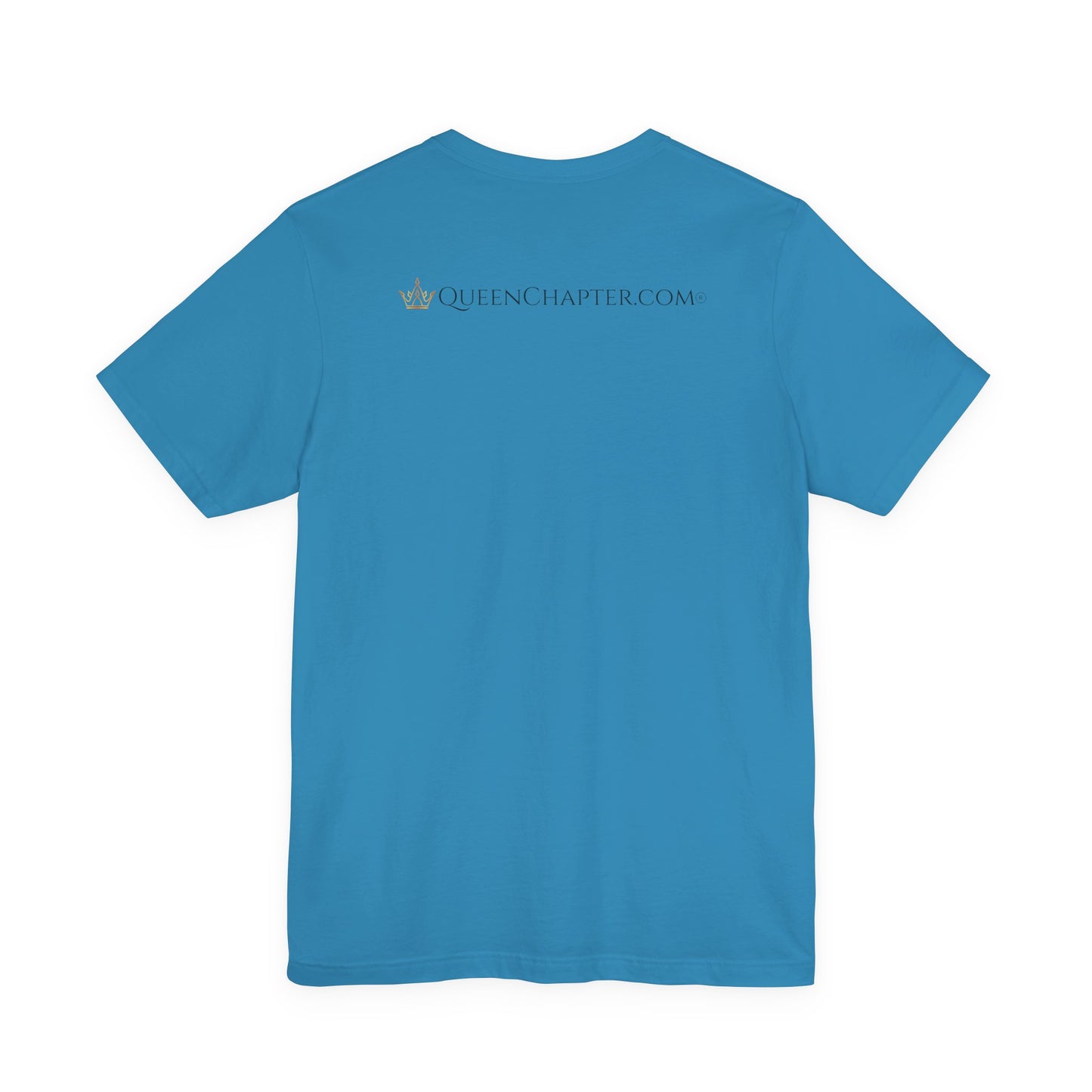 Blue t-shirt with 'QueenChapter.com' text on the back against a white background