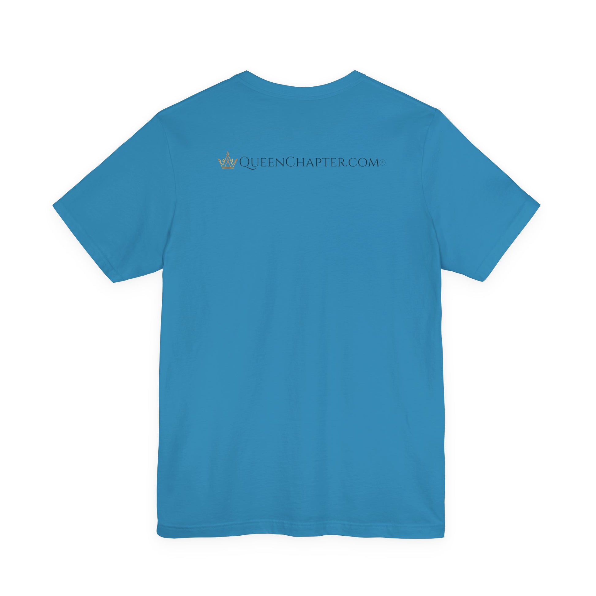 Blue t-shirt with 'QueenChapter.com' text on the back against a white background