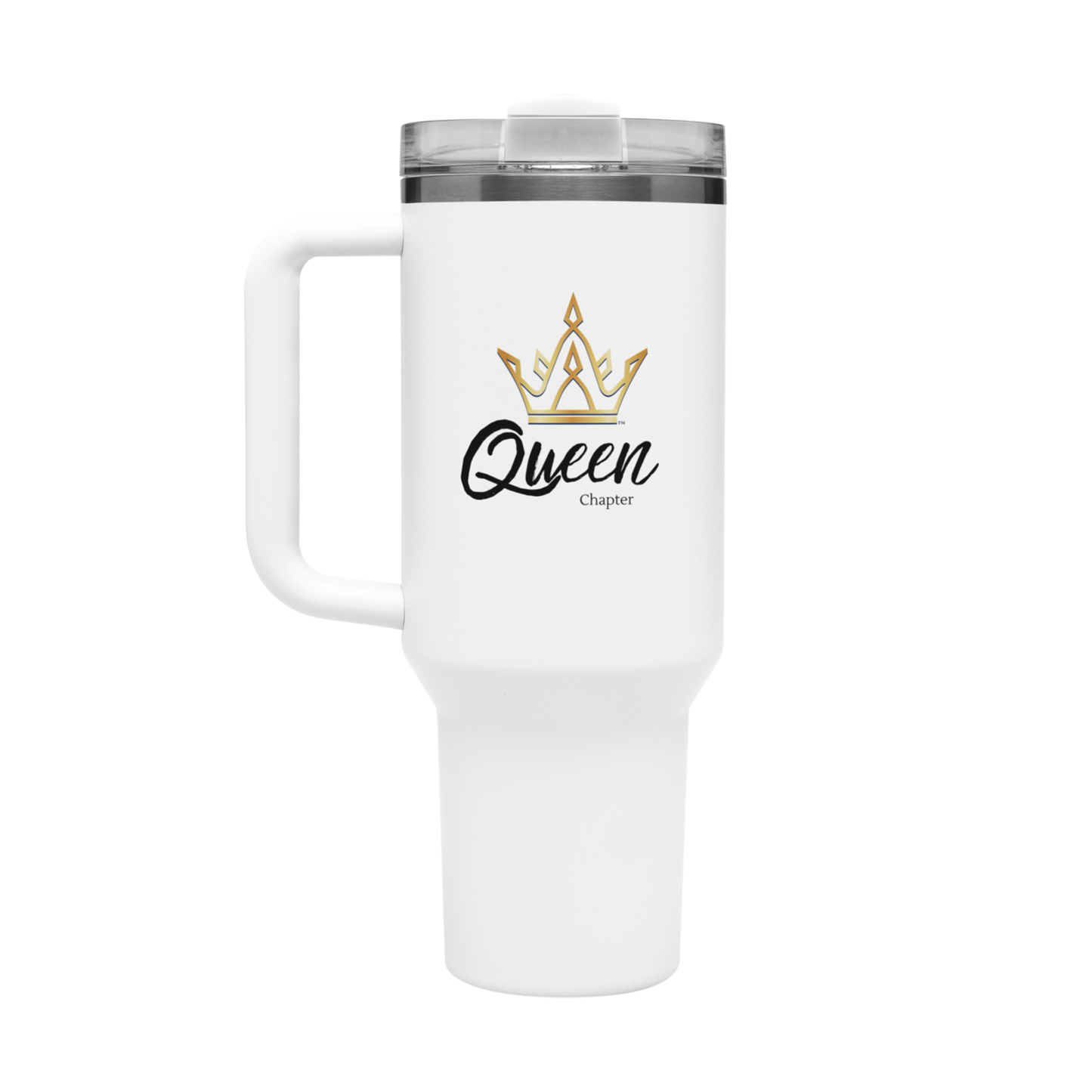 White travel mug with 'Queen Chapter' text and crown design on a white background