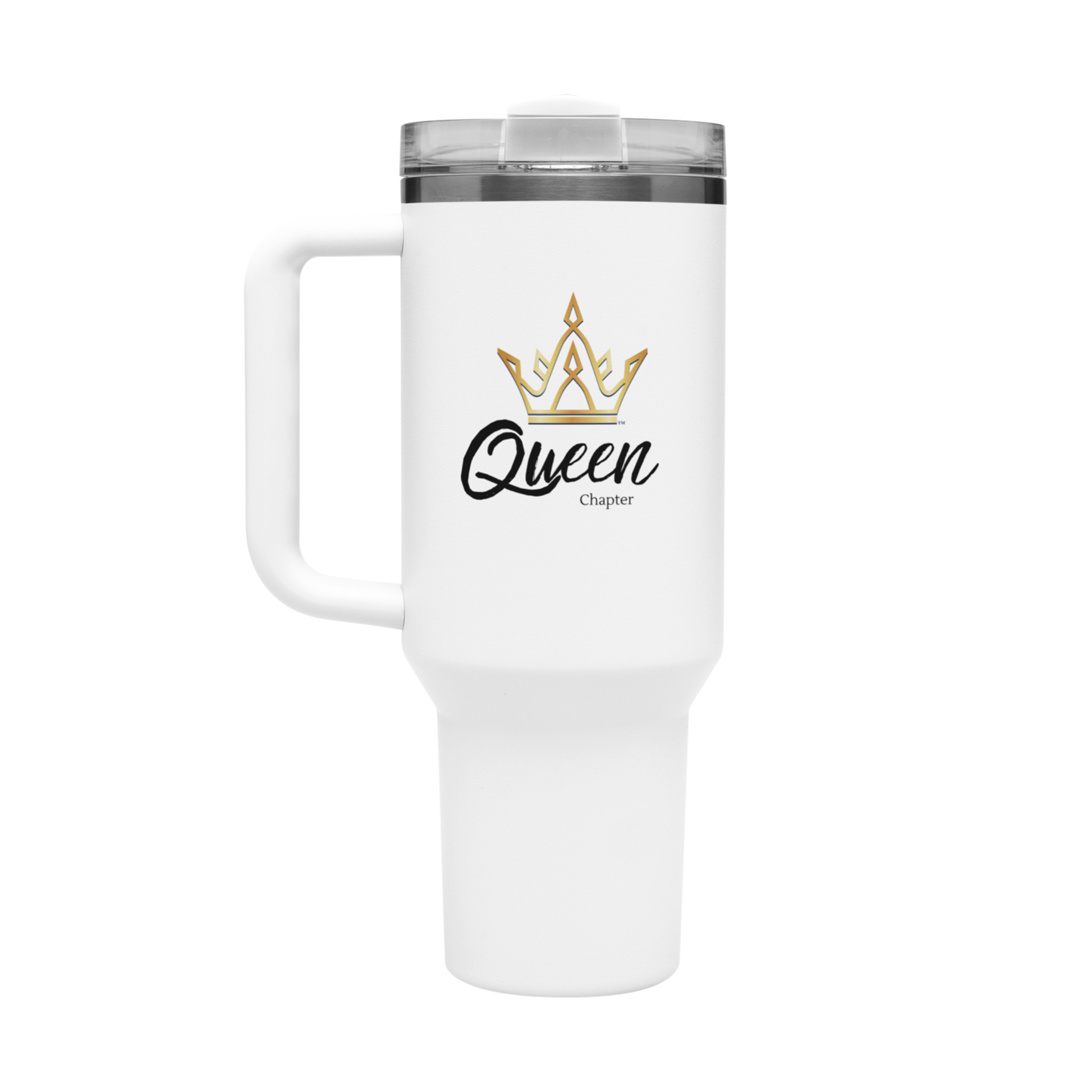 White travel mug with 'Queen Chapter' text and crown design on a white background