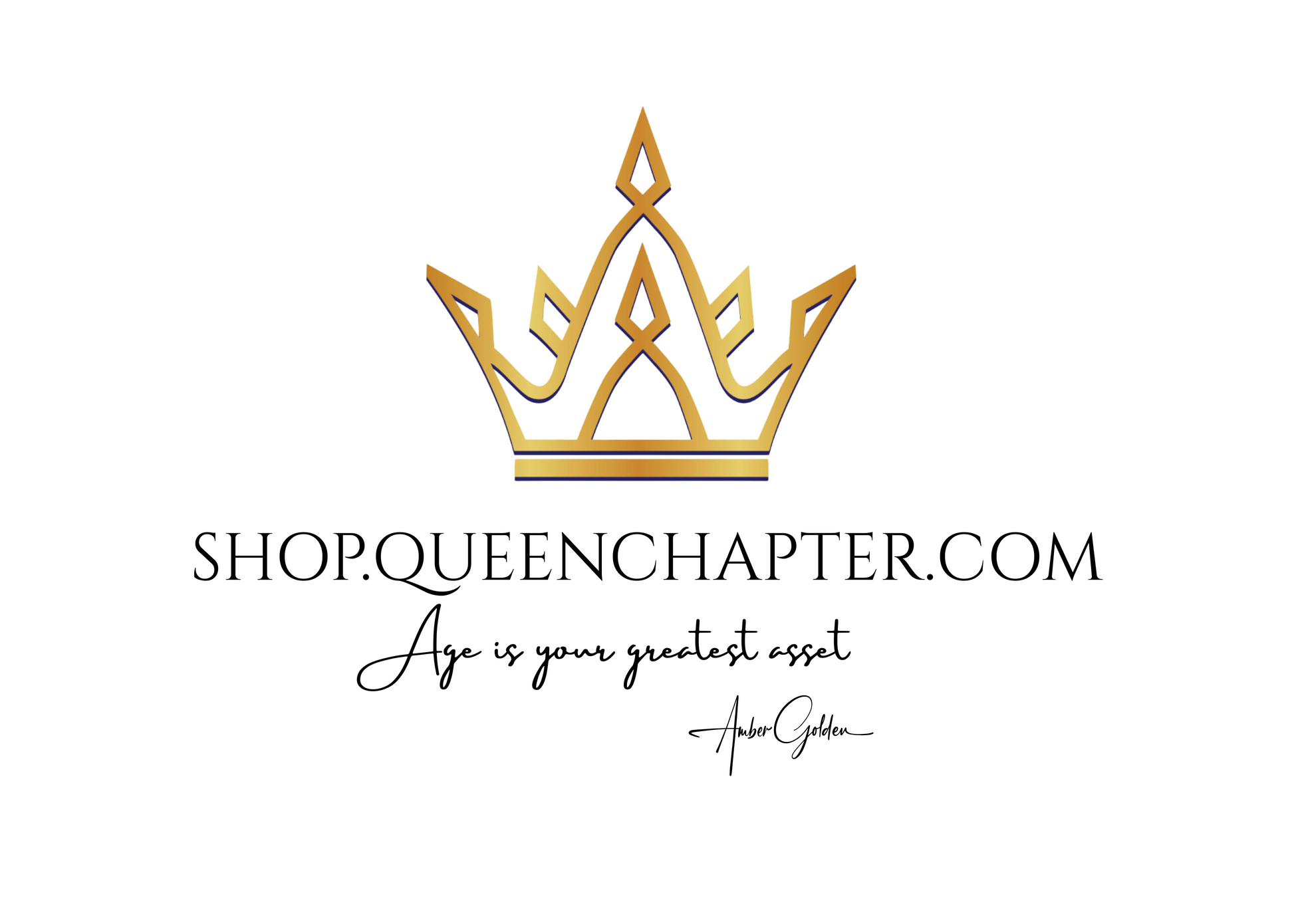 Gold crown logo with text 'SHOP.QUEENCHAPTER.COM' and 'Age is your greatest asset' on a white background