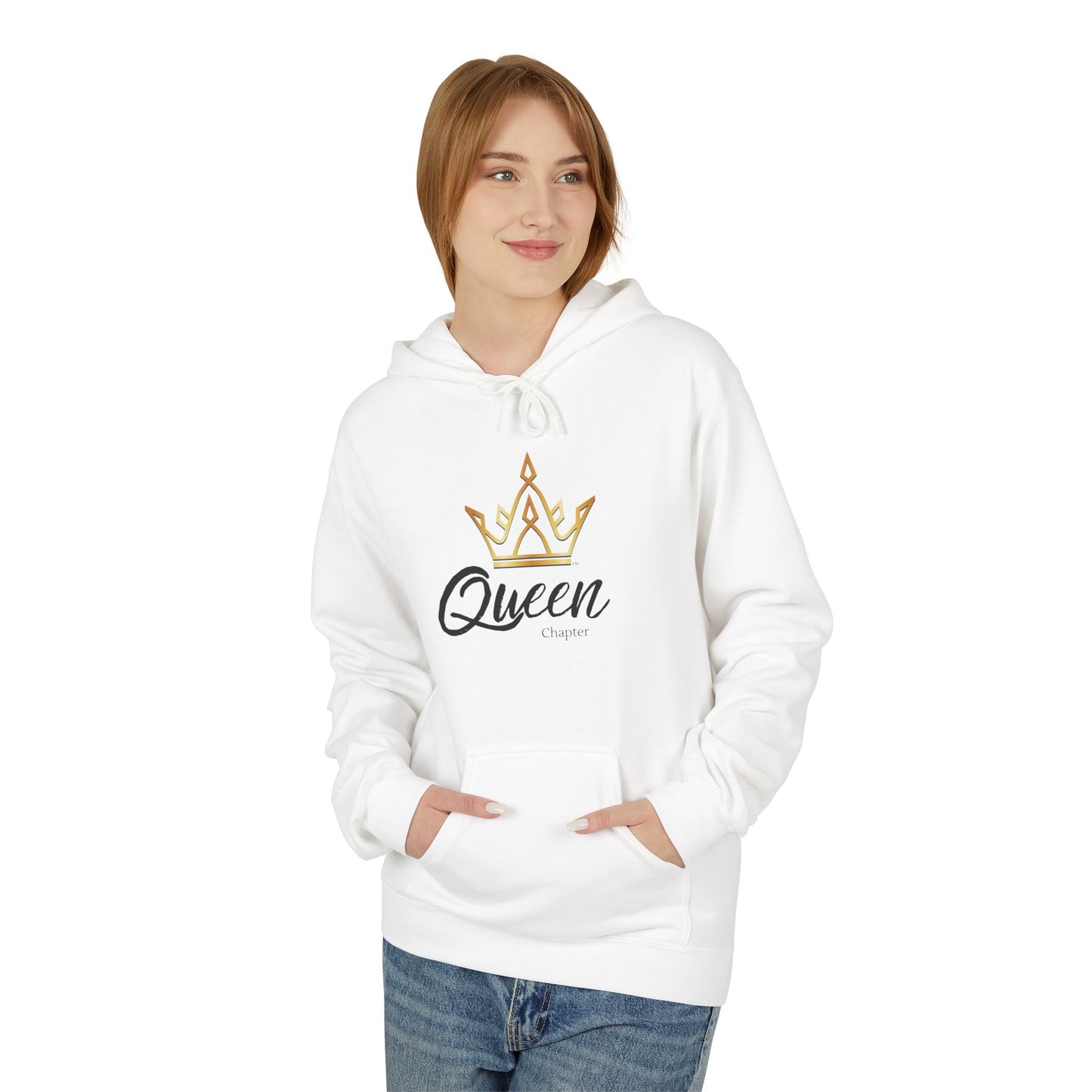 Woman wearing a white hoodie with 'Queen' and a crown design on a white background