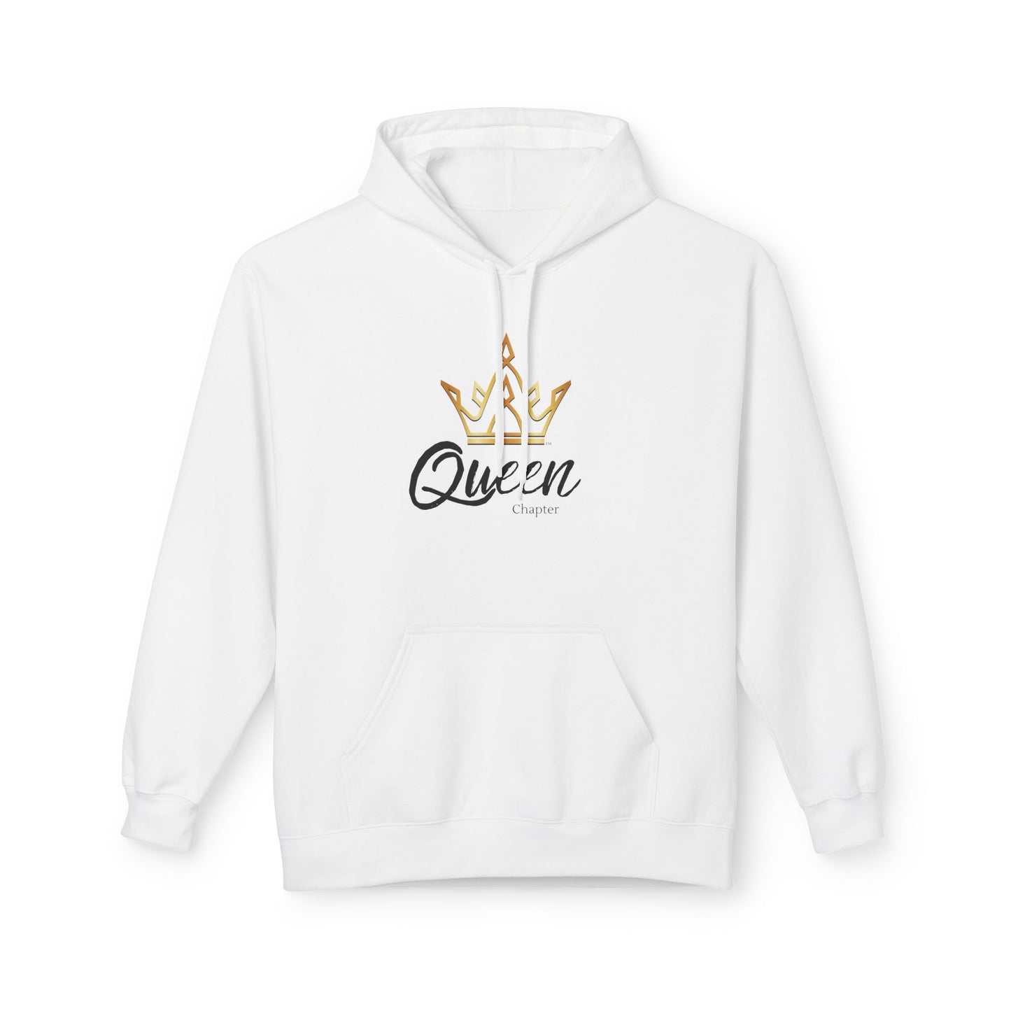 White hoodie with 'Queen Chapter' text and crown design on a white background