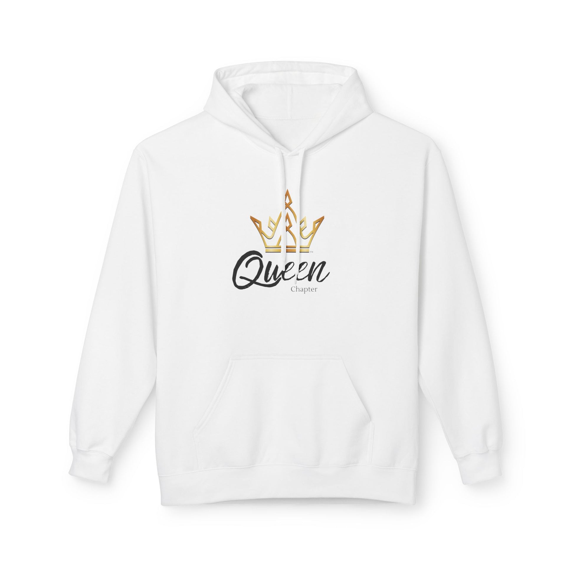 White hoodie with 'Queen Chapter' text and crown design on a white background