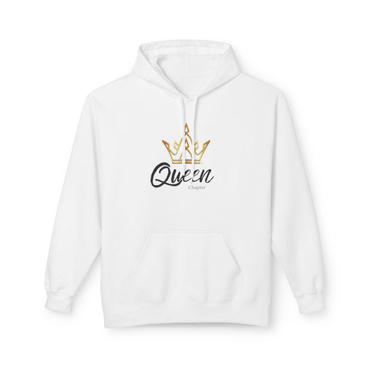 White hoodie with 'Queen Chapter' text and crown design on a white background