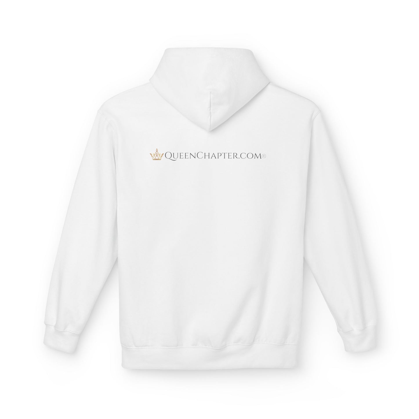 White hoodie with 'QUEENCHAPTER.COM' logo on a white background