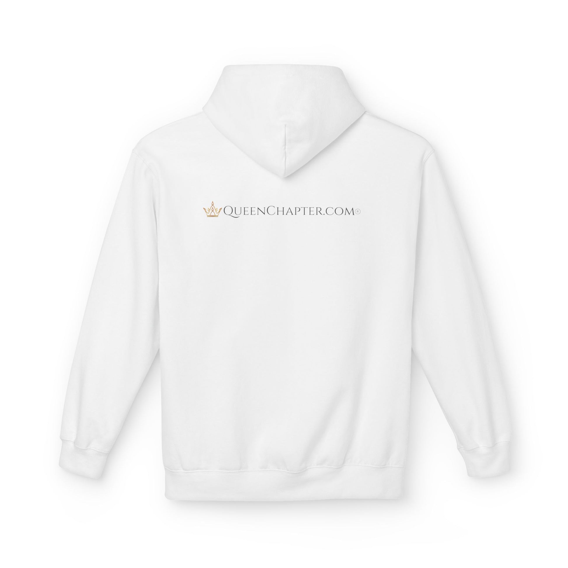 White hoodie with 'QUEENCHAPTER.COM' logo on a white background