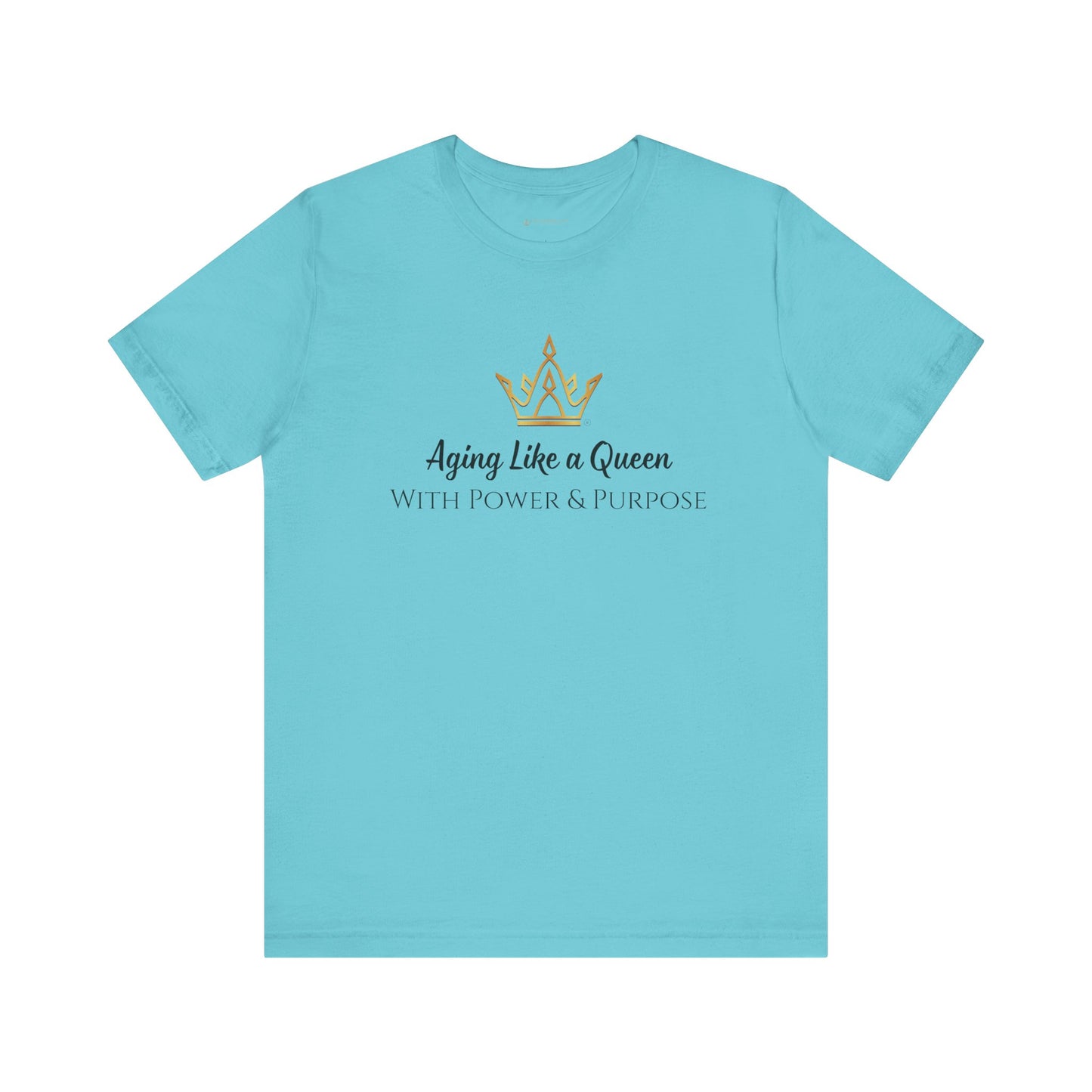 Light blue t-shirt with a gold crown graphic and text on a white background