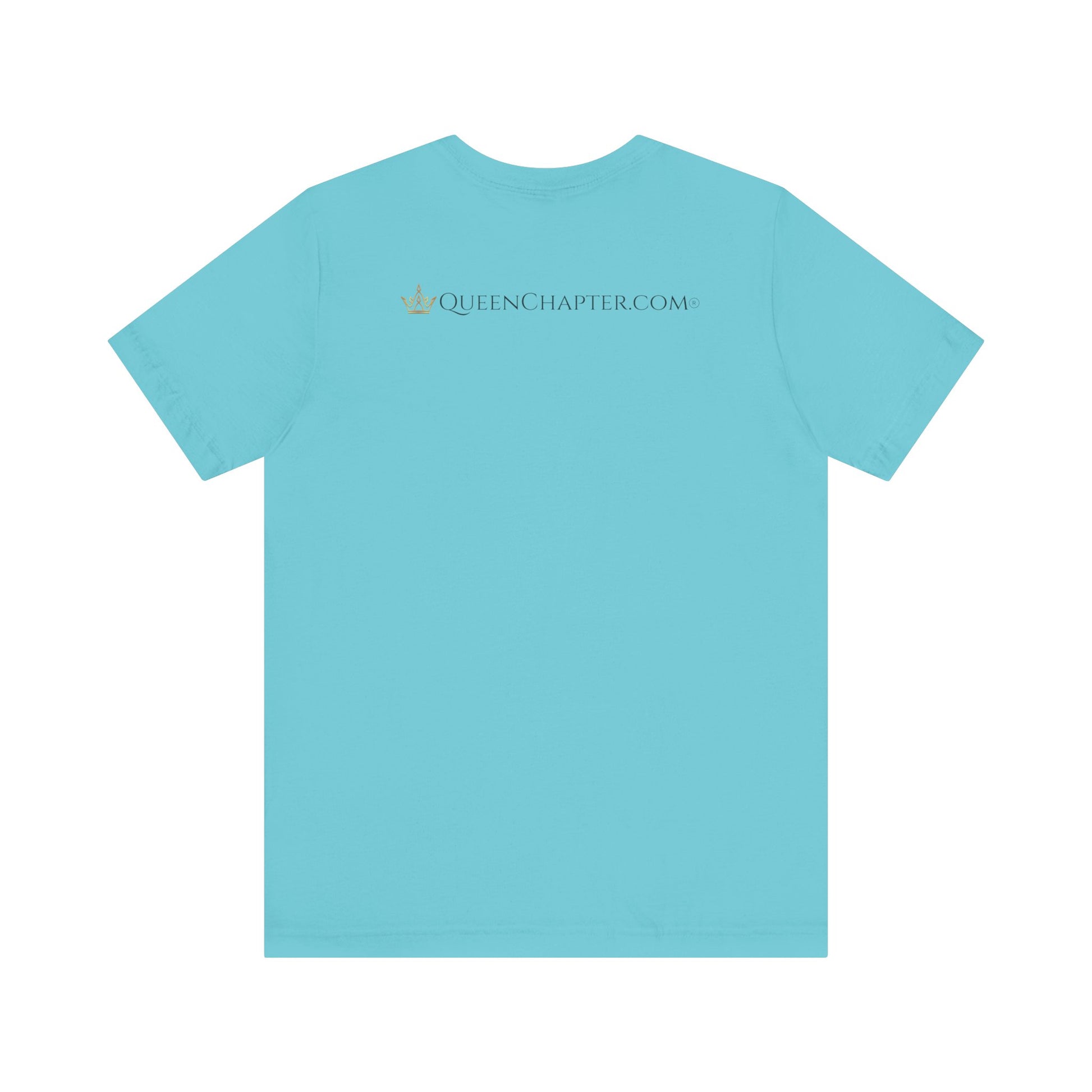Light blue t-shirt with 'QUEENCHAPTER.COM' text on a white background