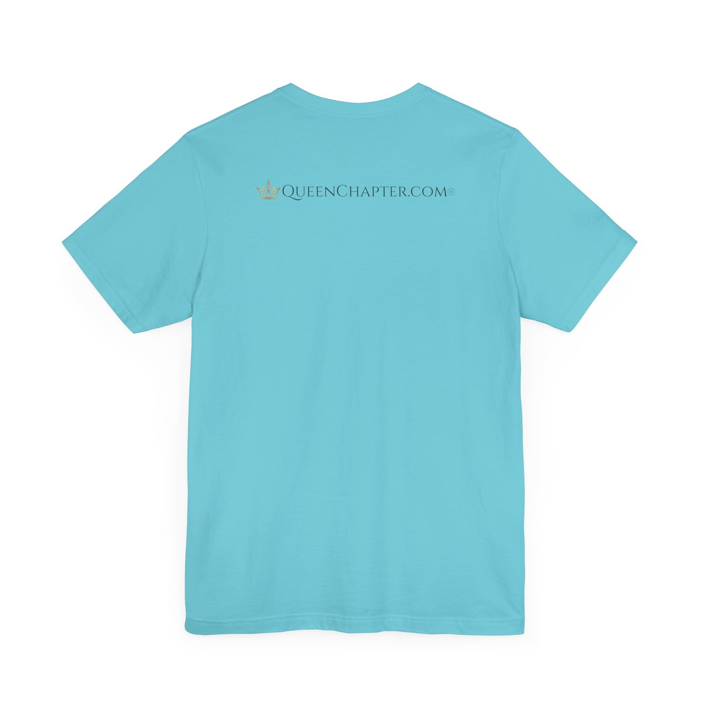 Light blue t-shirt with 'QueenChapter.com' text on the back against a white background
