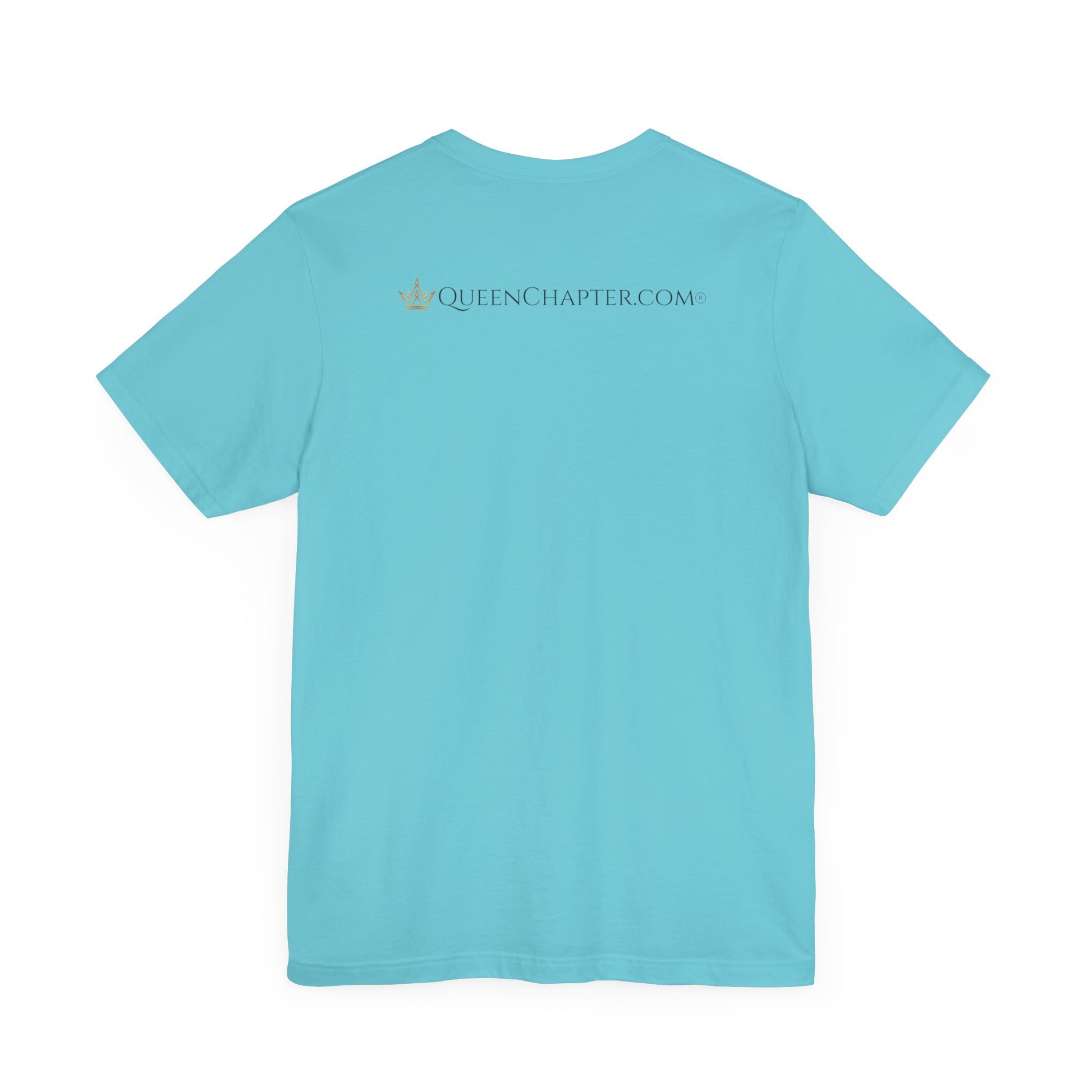Light blue t-shirt with 'QueenChapter.com' text on the back against a white background