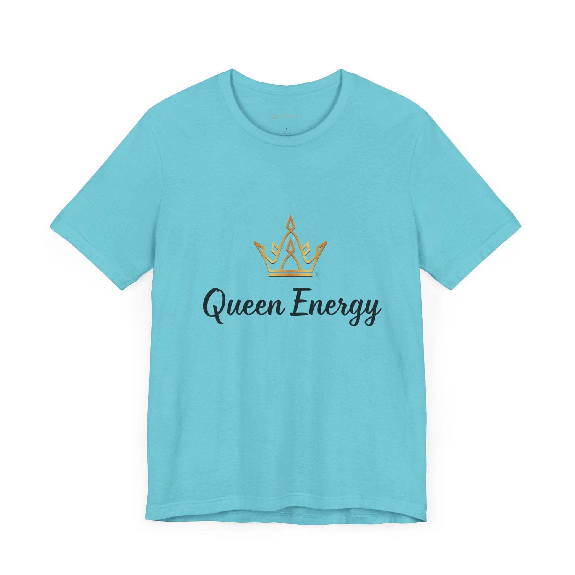 Light blue t-shirt with 'Queen Energy' text and crown graphic on a white background