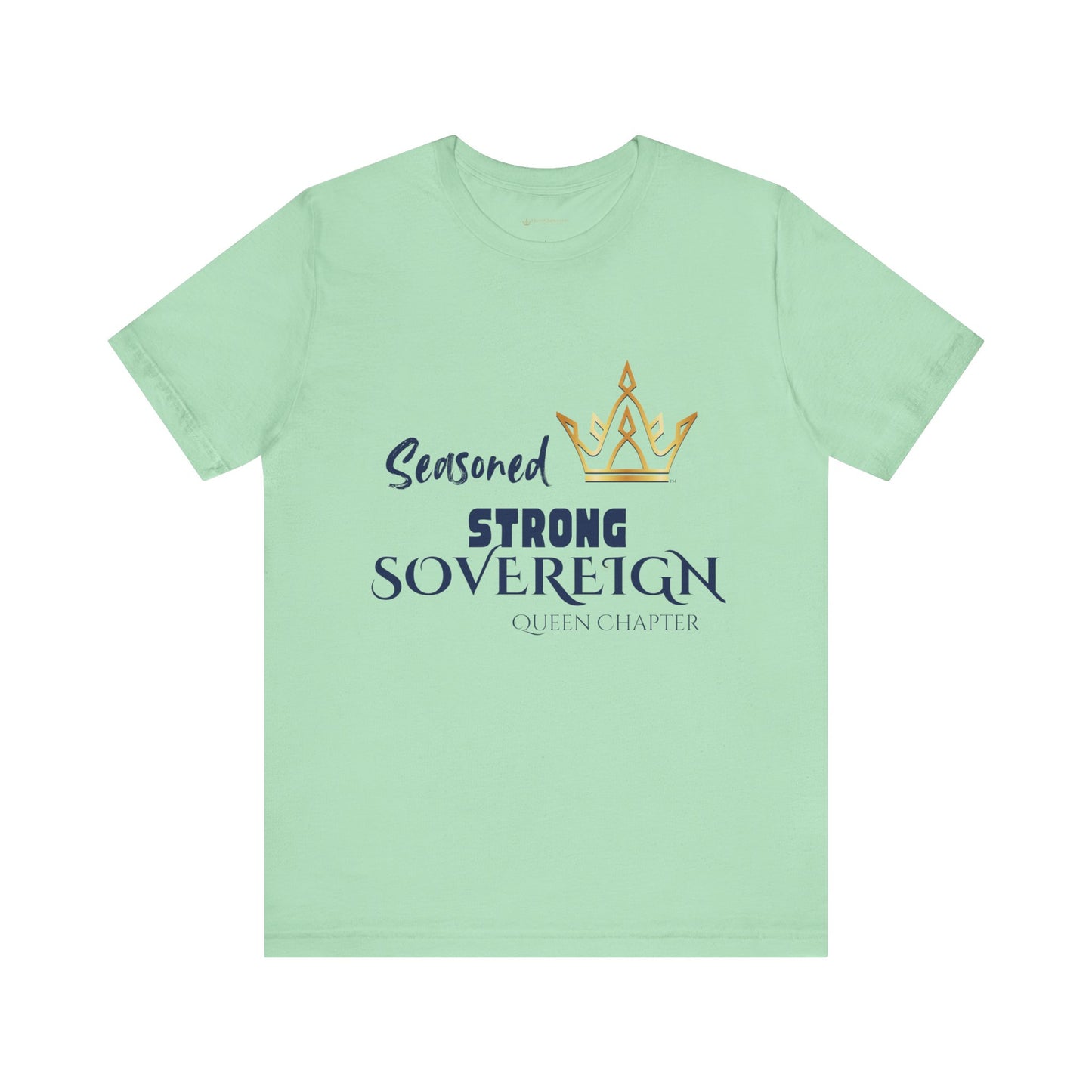 Mint green t-shirt with text and a crown graphic on a white background