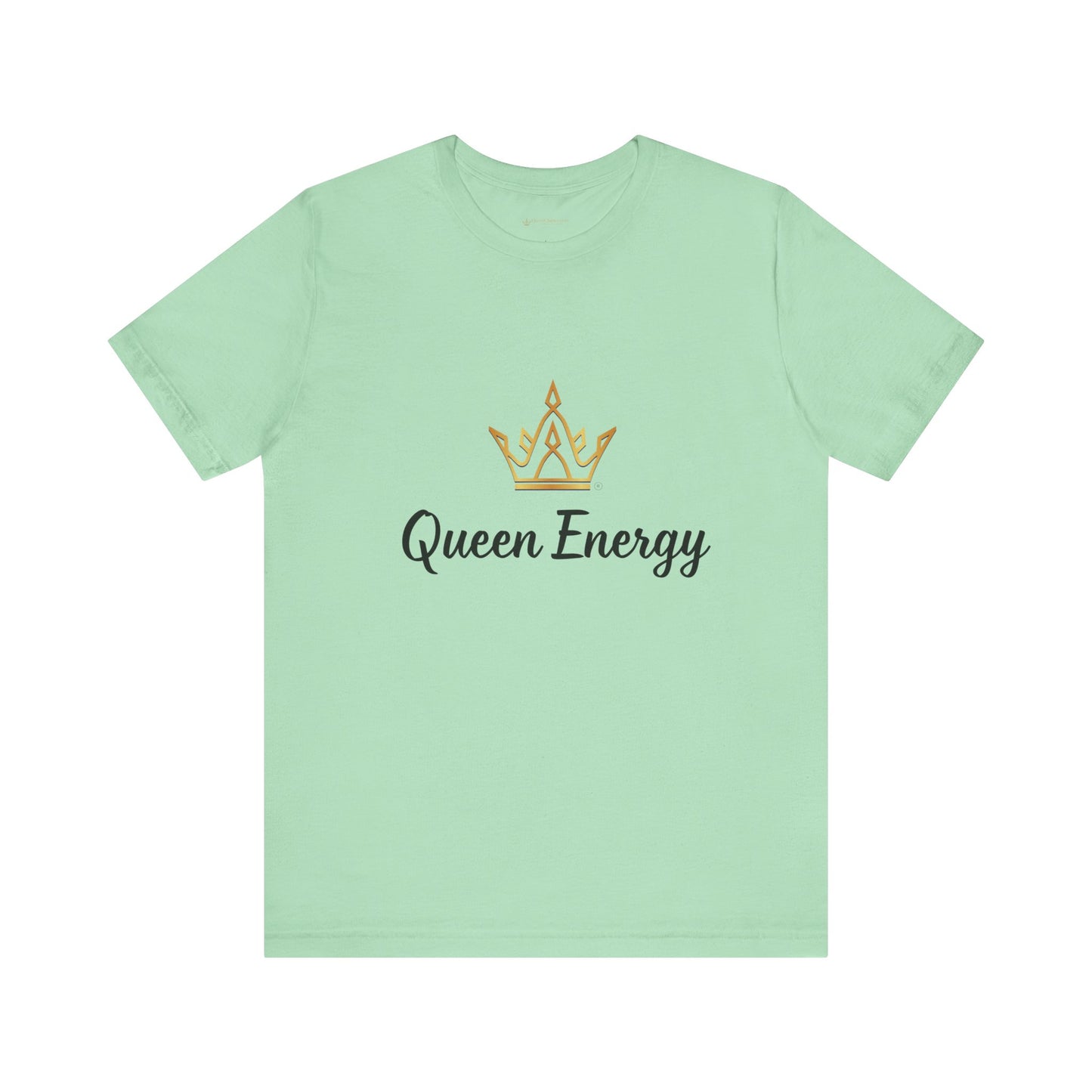Mint green t-shirt with 'Queen Energy' text and crown graphic on a white background