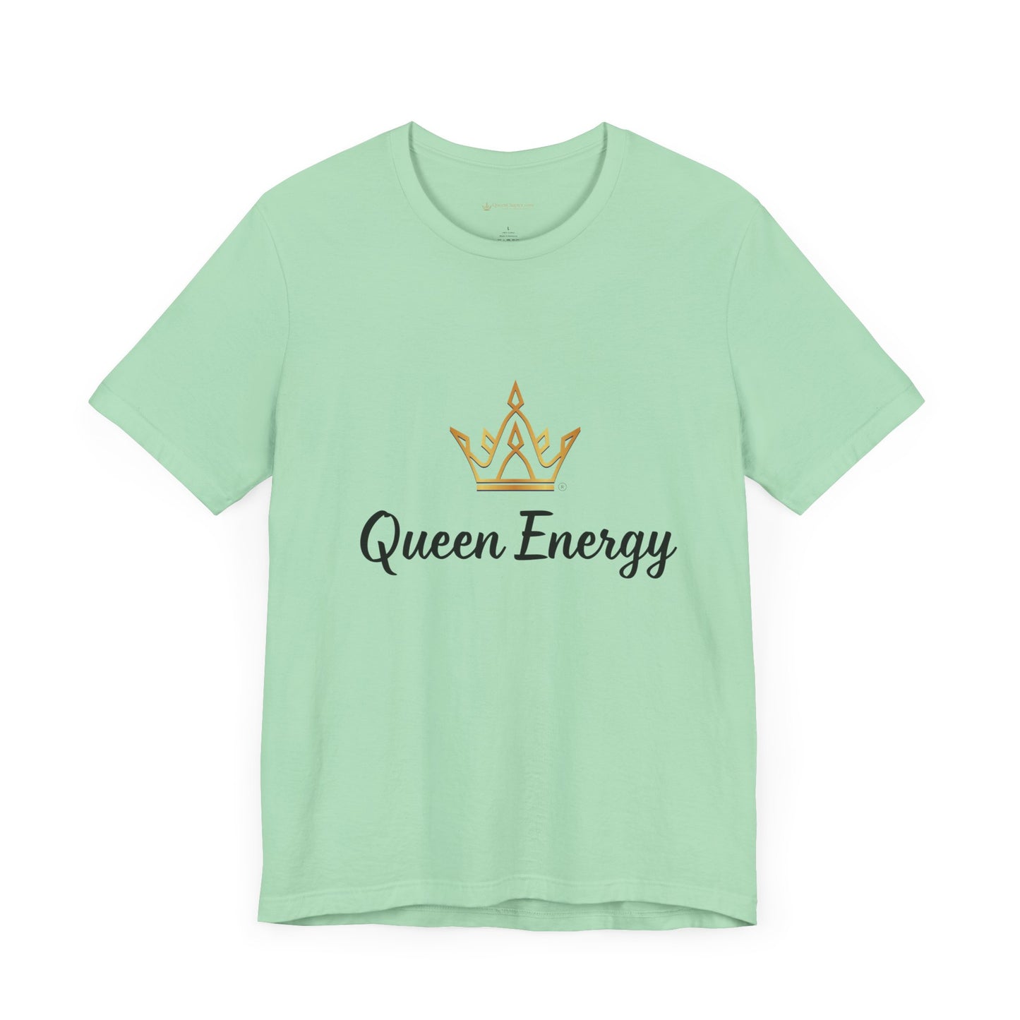 Mint green t-shirt with 'Queen Energy' text and crown graphic on a white background