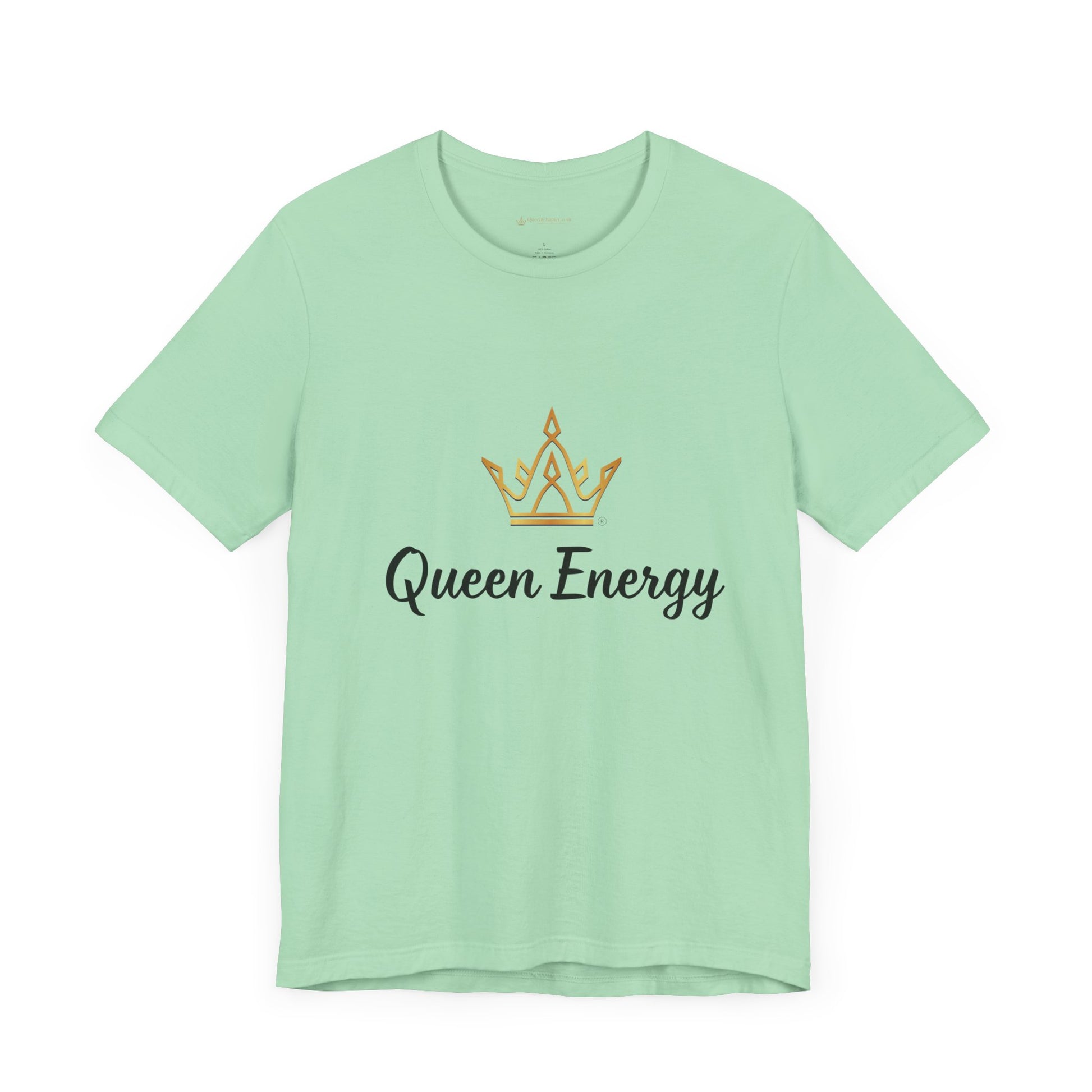 Mint green t-shirt with 'Queen Energy' text and crown graphic on a white background