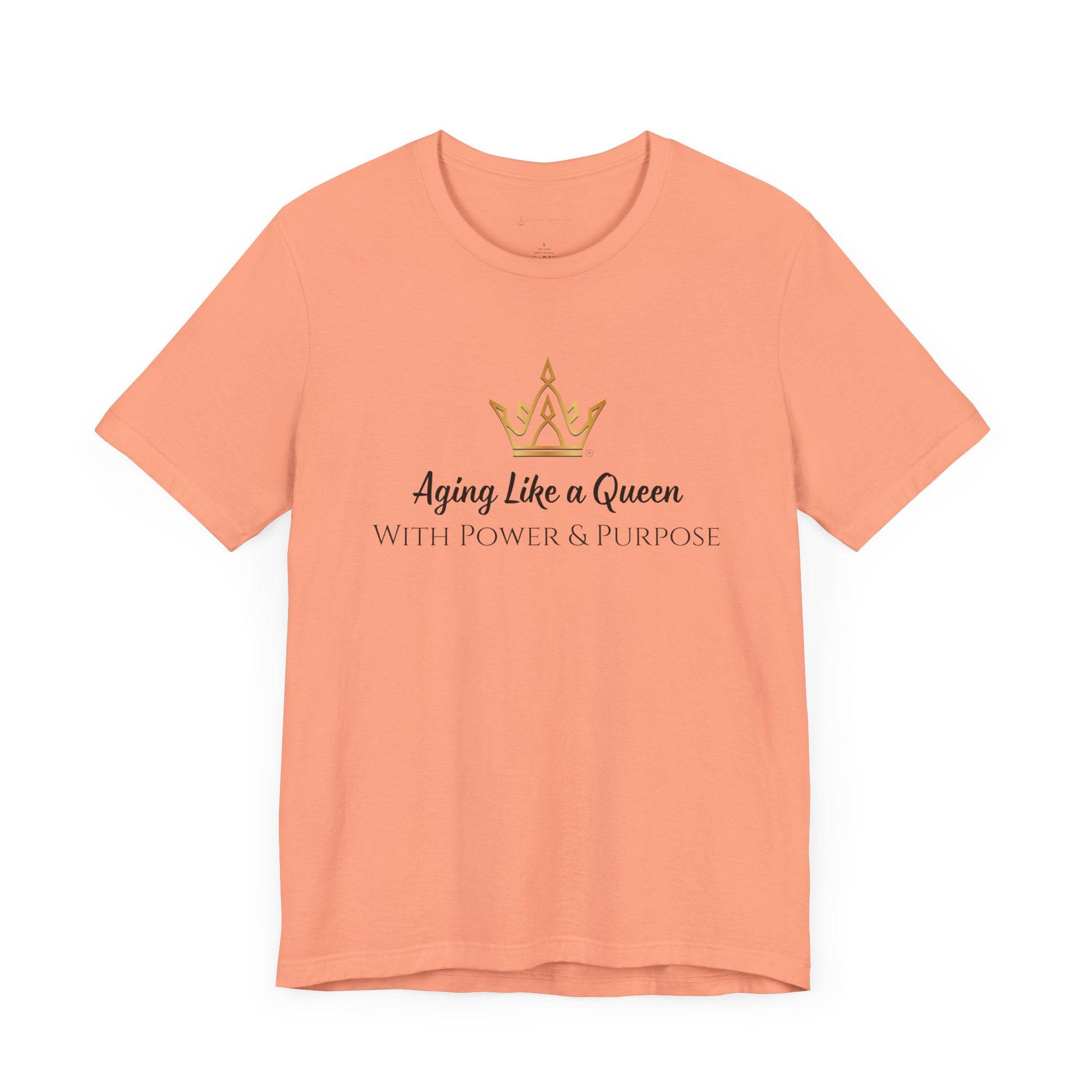 Peach t-shirt with a crown graphic and text on a white background