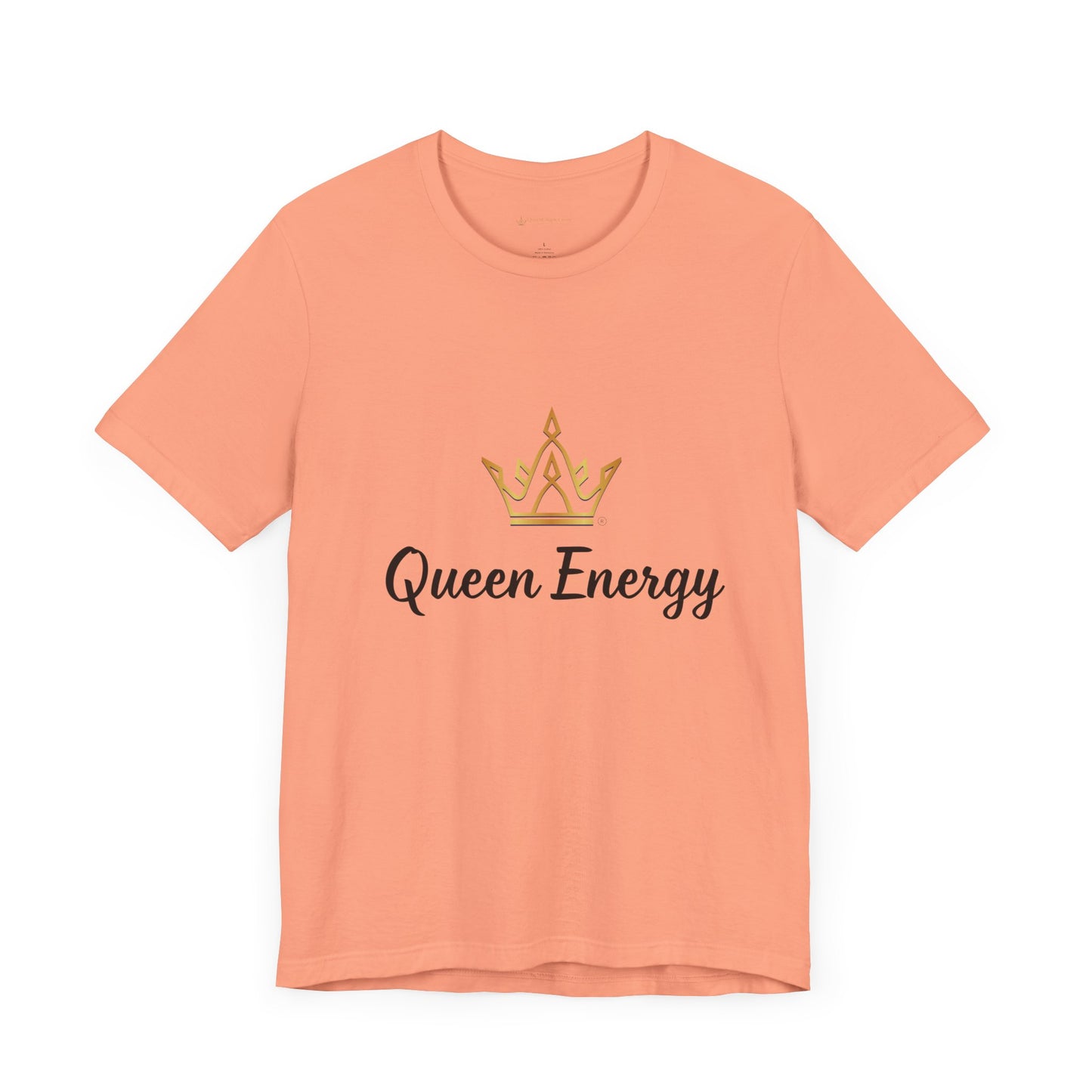 Peach t-shirt with 'Queen Energy' text and crown graphic on a white background