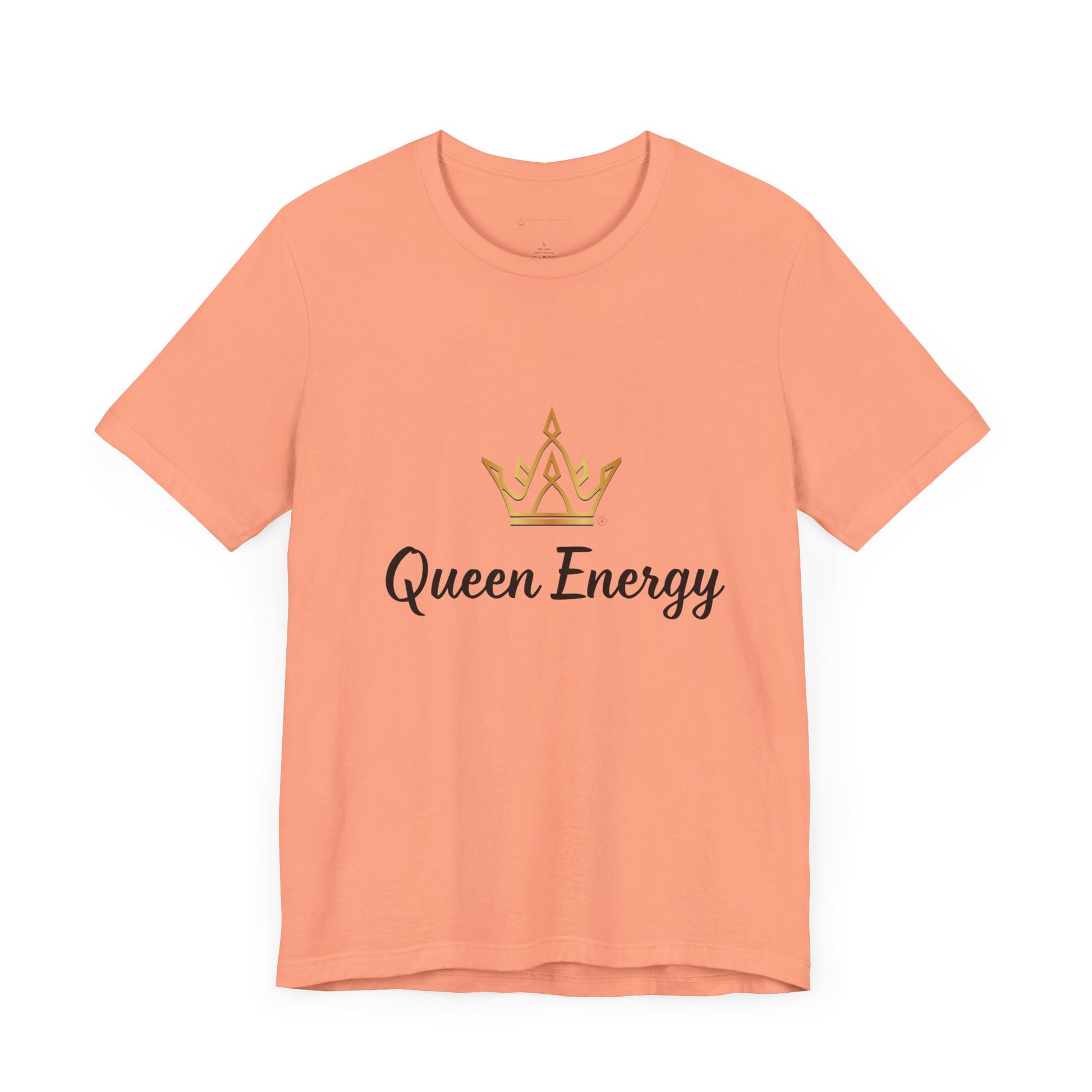 Peach t-shirt with 'Queen Energy' text and crown graphic on a white background