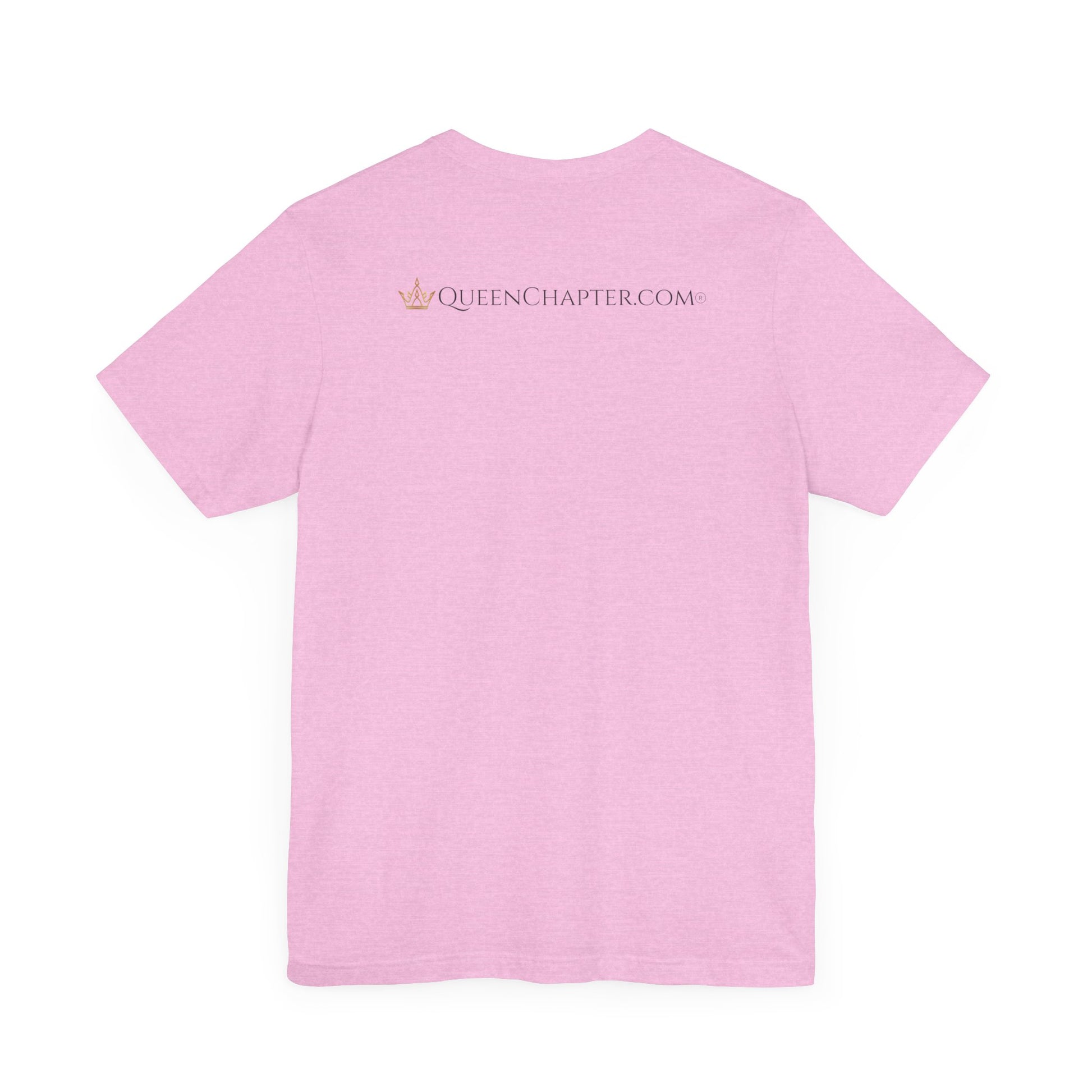 Pink t-shirt with 'Queen Chapter.com' text on the back against a white background