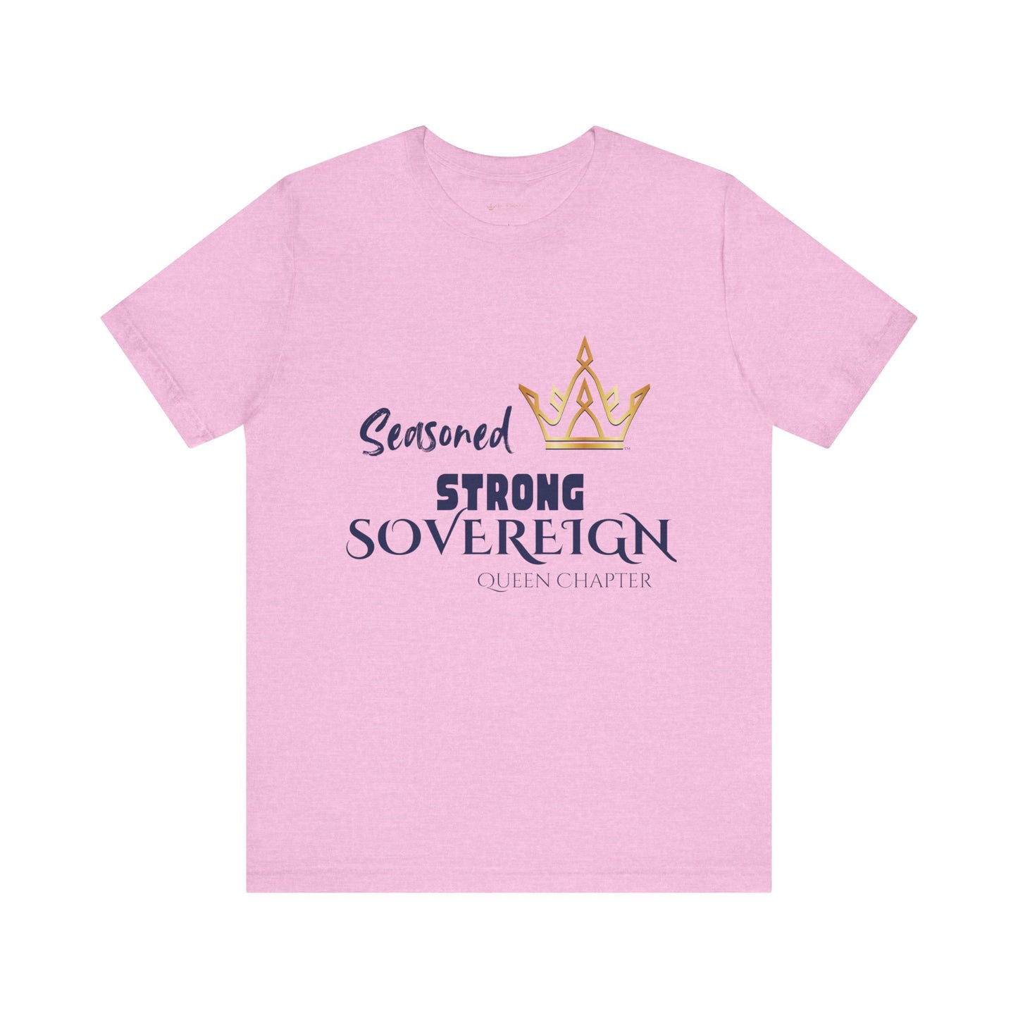 Pink t-shirt with text and crown design on a white background